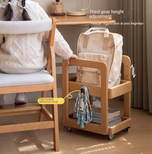 Solid Wood Beech & Rubber Kids Under Desk Mobile Storage Rack - Modern Organizer for Toys, Books & School Supplies in Bedroom or Playroom