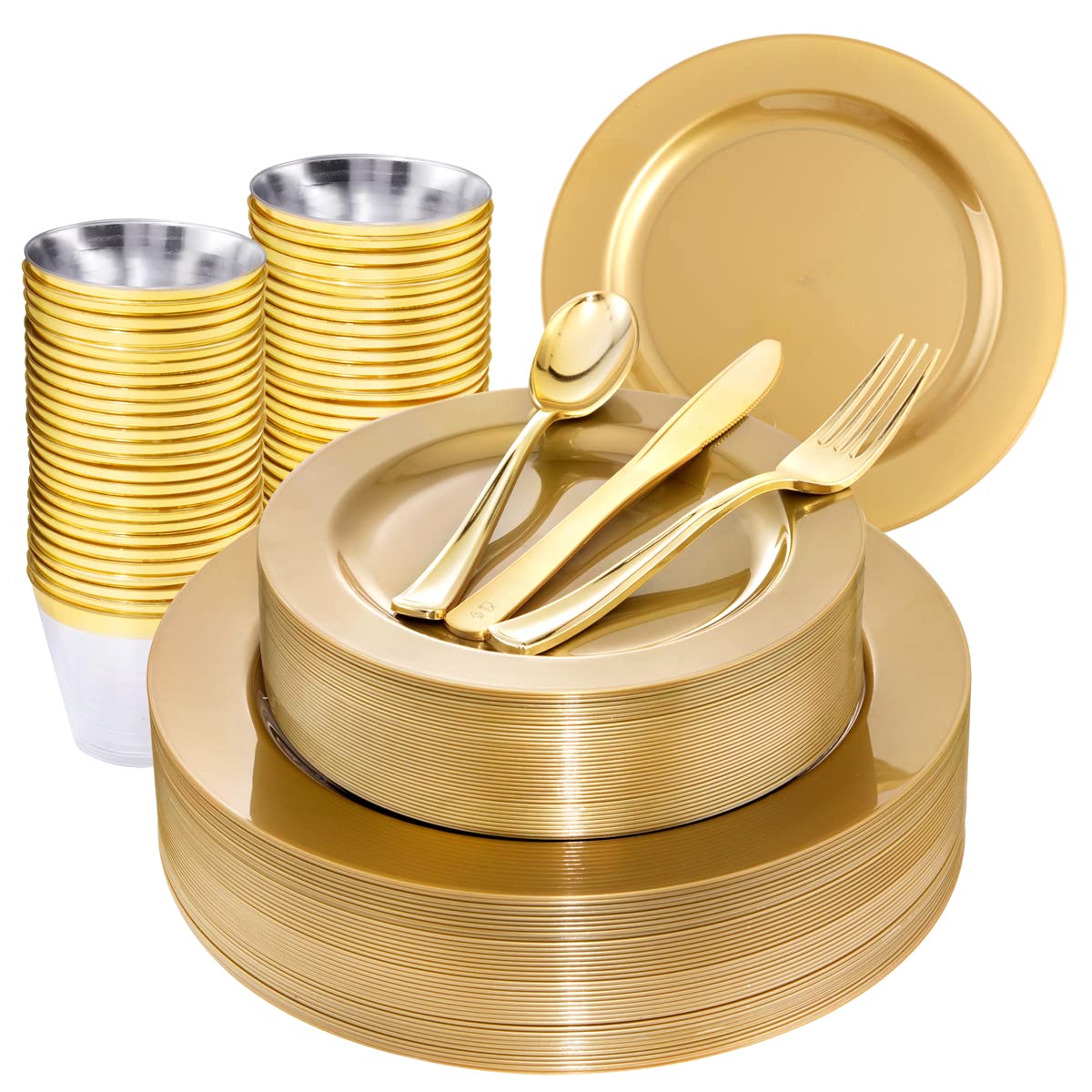 DaYammi 180-Piece Gold Plastic Party Tableware Set - 30 Dinner Plates, 30 Dessert Plates, 30 Forks, 30 Knives, 30 Spoons, 30 Cups - Elegant Disposable Gold Cutlery for Weddings, Birthdays, Baby Showers & Special Events