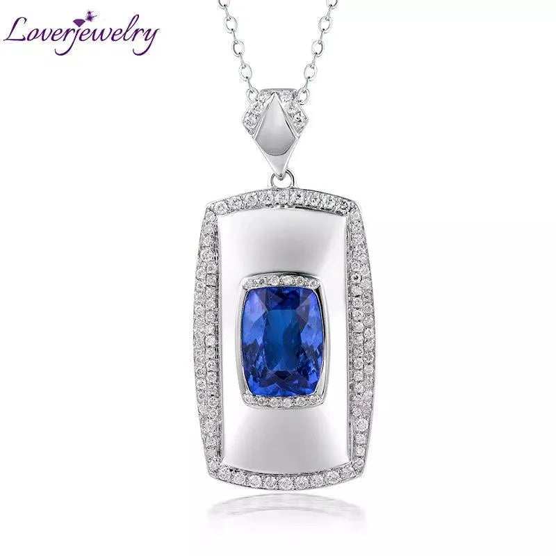 18K White Gold Men's Tanzanite Diamond Pendant Necklace - 7x10mm Cushion Cut Natural Gemstone Jewelry Gift for Husband, Boyfriend, Anniversary & Special Occasions