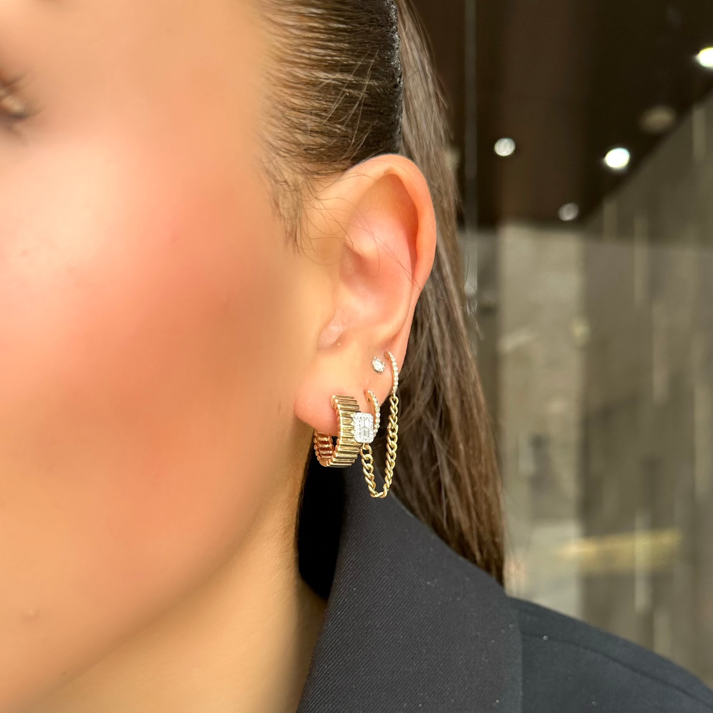 Elegant Gold Huggie Earrings with Ridged Design & Baguette Diamonds - Perfect for Weddings, Parties & Everyday Wear