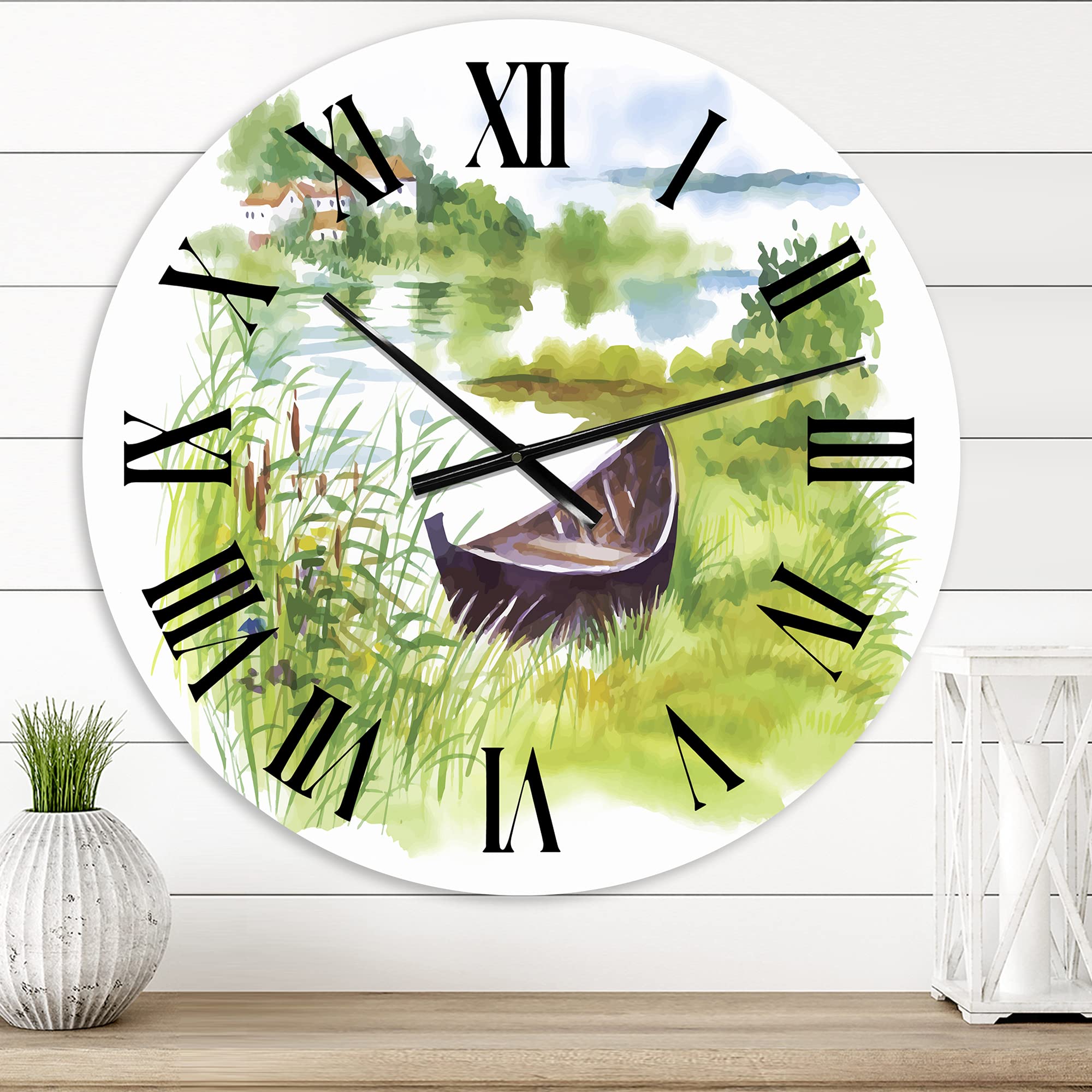 DesignQ Lake House Wall Clock - Rustic Green Landscape with Boat, Large Nature-Themed Wall Clock for Kitchen, Living Room, and Office Decor | Perfect for Farmhouse, Cabin, and Coastal Home Décor