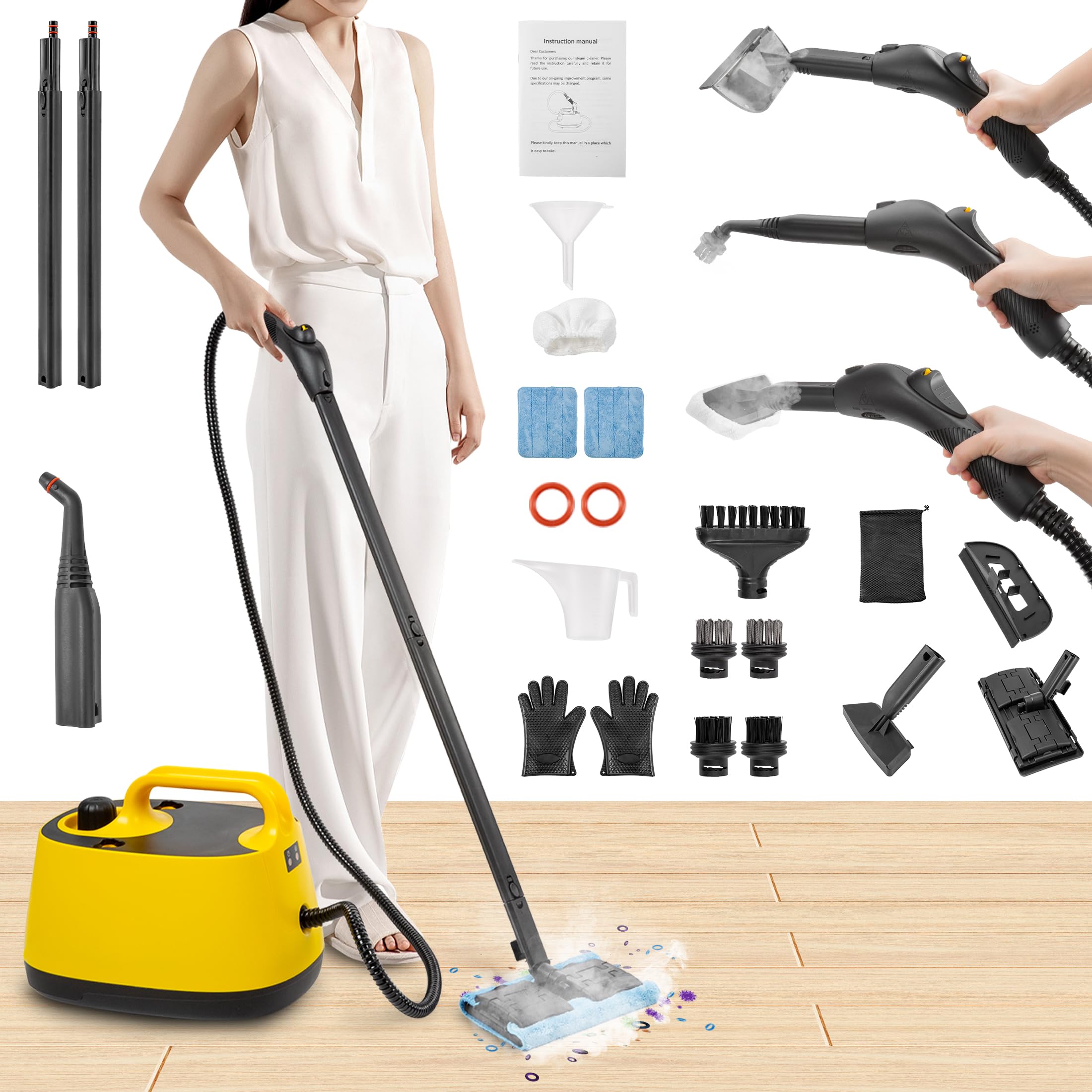 WICHEMI 1500W Multipurpose Steam Cleaner - High Pressure High-Temperature Steamer with 1.5L Tank & Wheels for Home, Car Detailing - Perfect for Cleaning Floors, Carpets, Upholstery, Kitchen, Bathroom & More