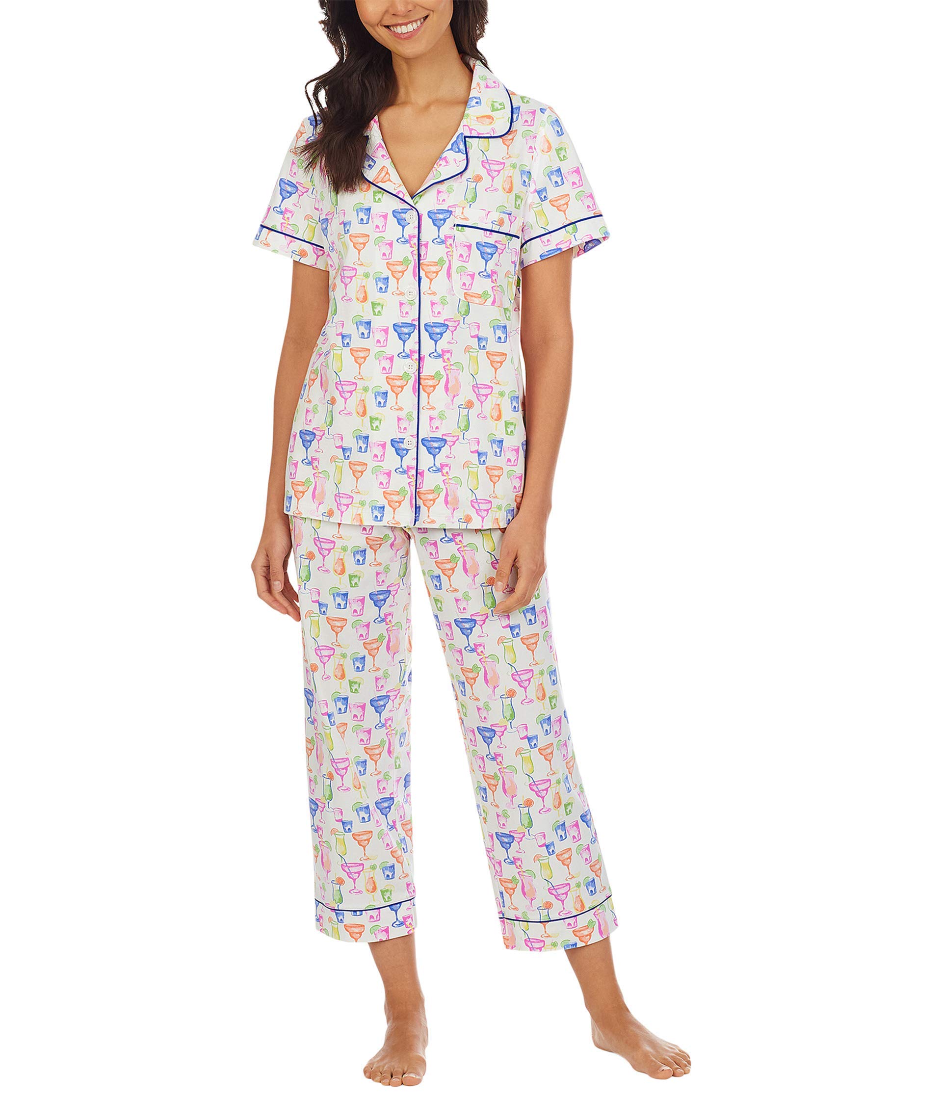 BedHead Pajamas Women's Short Sleeve Cropped PJ Set - Soft Cotton Spandex Blend - Size LG (US 12-14) - Margaritas Print - Comfortable Lounge & Sleepwear for Relaxing at Home