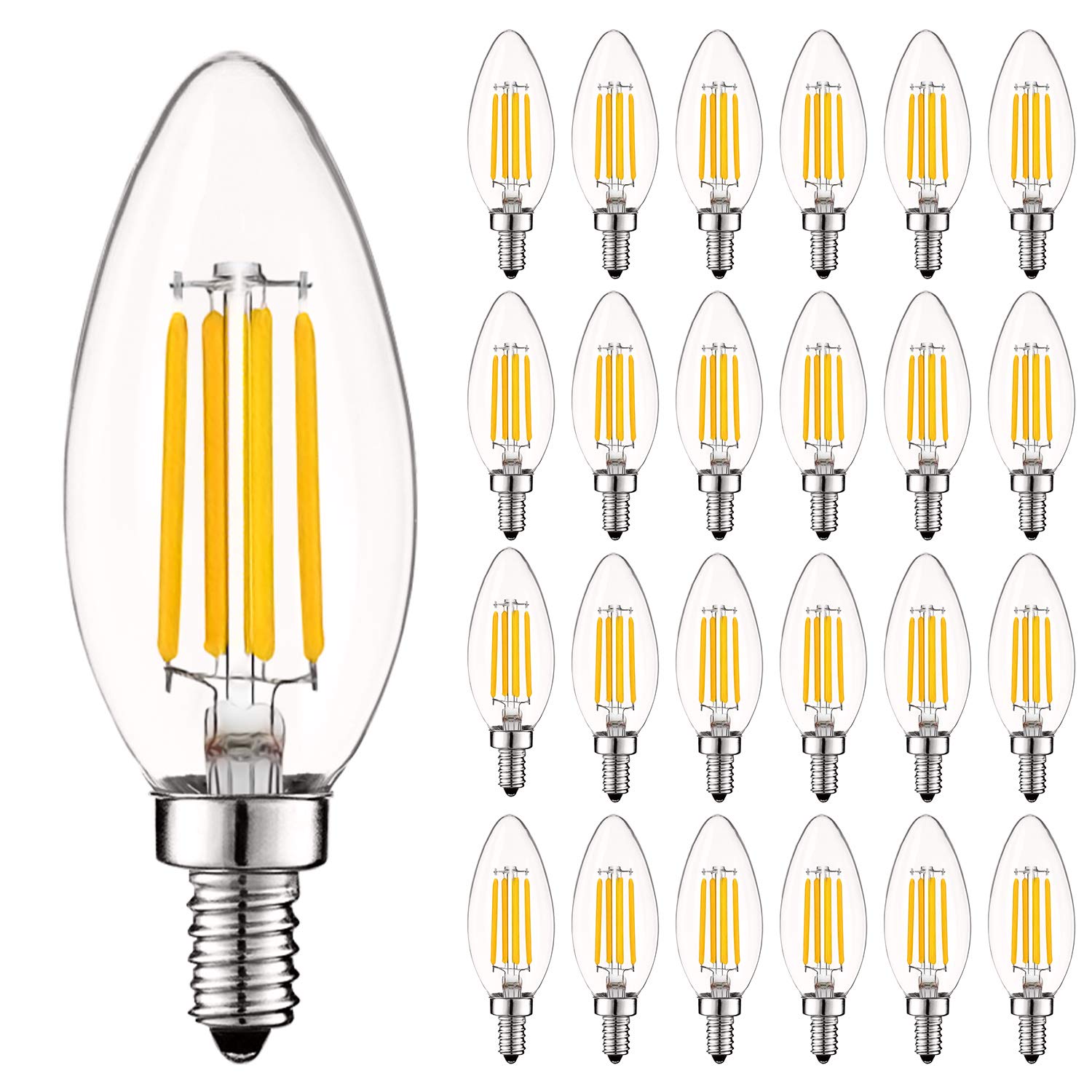 LUXRITE Vintage Candelabra LED Bulb 60W Equivalent, 550 Lumens, 3000K Soft White, Dimmable E12 Base Chandelier Light Bulbs - 24 Pack Clear Glass Filament LED Candle Bulbs for Dining Room, Bedroom, and Living Room Lighting - UL Listed