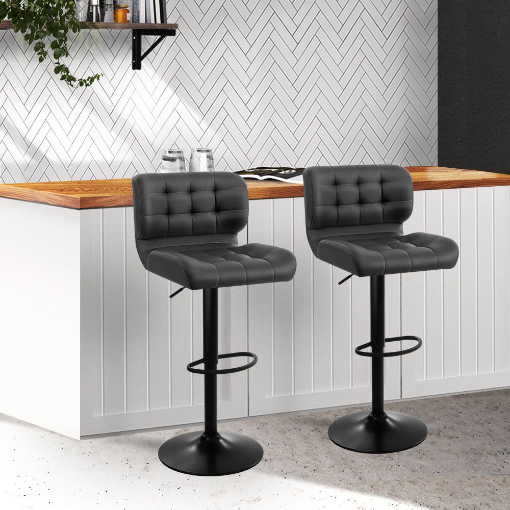 2 Pack Adjustable Height Bar Stools with Gas Lift Mechanism - Grey Leather Padded Seat for Kitchen Island, Home Bar & Breakfast Nook - Modern Counter Stools for Dining & Entertaining