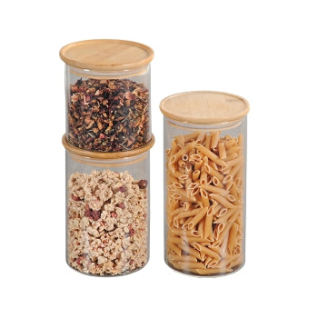 Premium Bamboo Glass Storage Jars - Airtight Kitchen Containers for Flour, Sugar & Dry Food (Set of 3) - Perfect for Pantry Organization & Bulk Food Storage