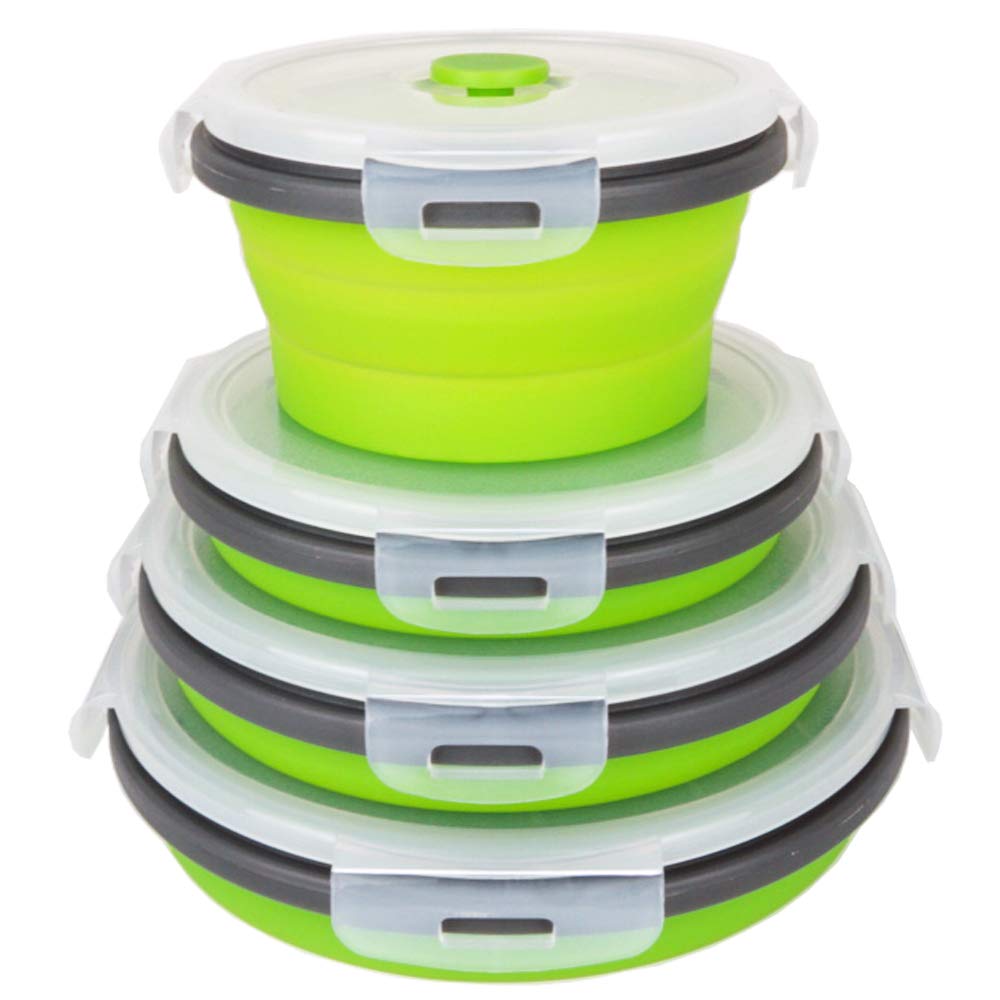Collapsible Silicone Food Storage Containers with Airtight Lids - 4-Piece Set of Green Round Collapsible Bowls for Kitchen, Meal Prep, RV & Lunch Boxes | Microwave, Freezer & Dishwasher Safe | Space-Saving Design for Camping, Picnics & Office Lunches