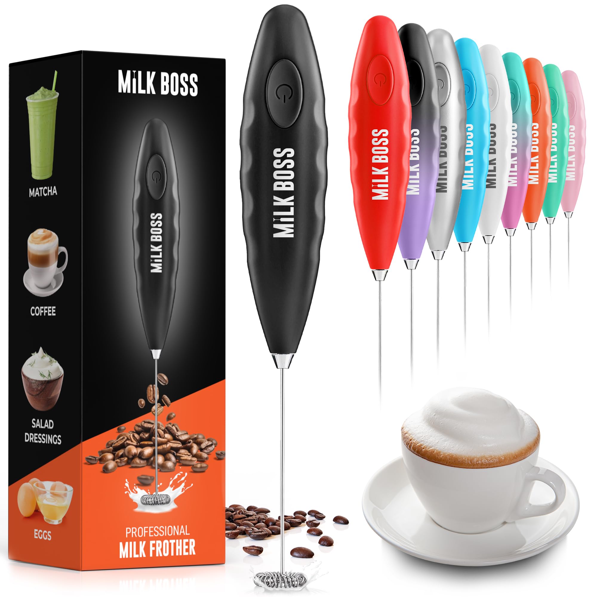 Premium Handheld Milk Frother for Coffee, Matcha & Hot Chocolate - Automatic Electric Foam Maker - Mini Drink Mixer Wand by Milk Boss (Black) - Perfect for Lattes, Cappuccinos & Home Baristas