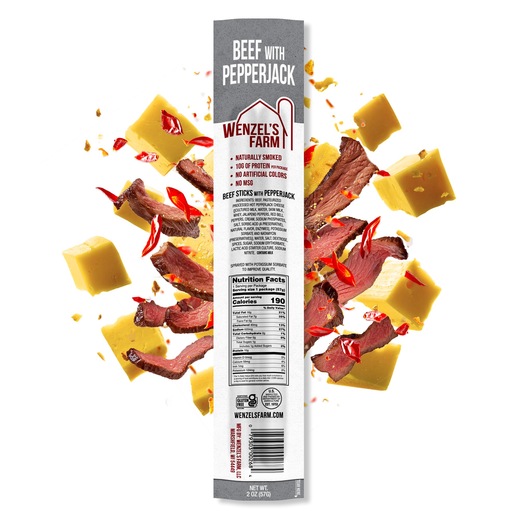 Wenzel’s Farm Beef & Pepperjack Cheese Sticks | Natural Smoked Snack | High Protein, Low Carb, Gluten Free | No MSG, Fillers or Binders | 16 Sticks (8 Packs of 2) | Perfect for Keto Diet, Hiking, Camping & On-the-Go Snacking