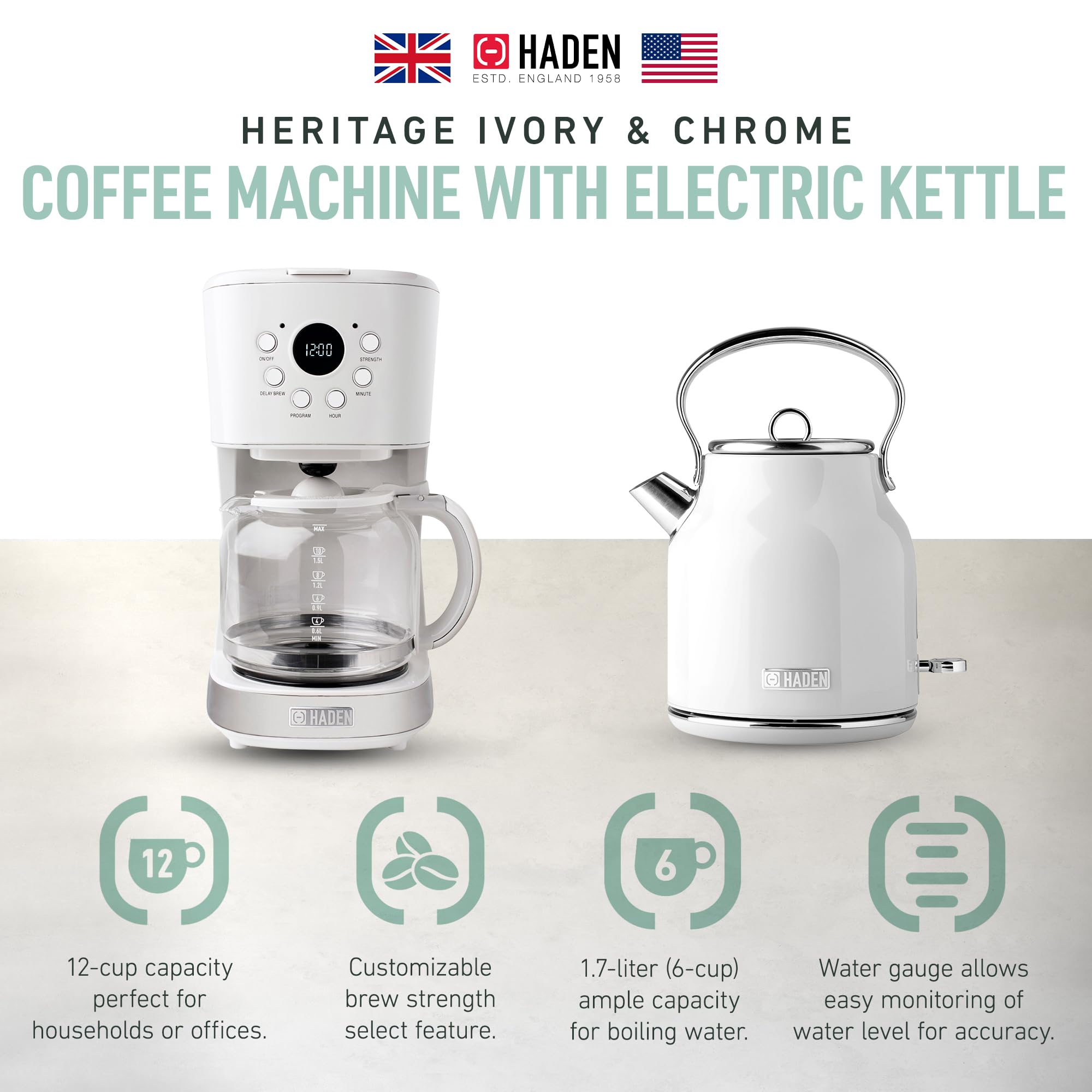 HADEN 12 Cup Drip Coffee Maker with 1.7L Stainless Steel Electric Kettle - Ivory & Chrome | Fast Brewing, Auto Shut-Off | Perfect for Home, Office & Kitchen Use