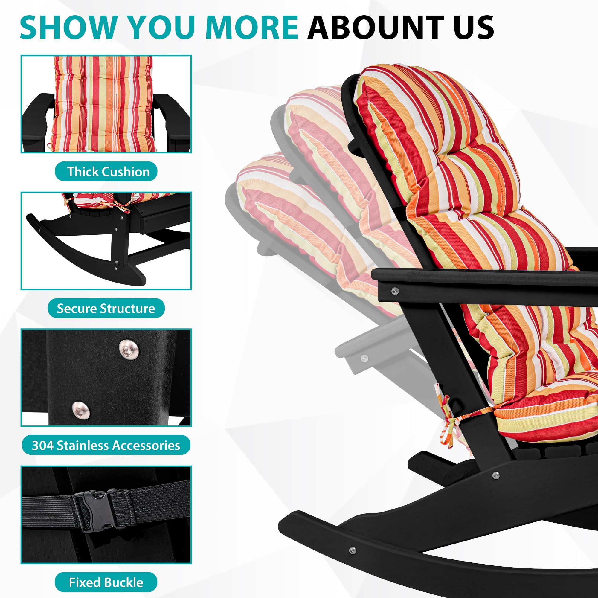 Premium HDPE Plastic Adirondack Rocking Chair with Cushion - All-Weather, Water-Resistant Outdoor Patio Rocker for Garden, Poolside, Backyard & Deck - Black (Perfect for Relaxing, Sunbathing & Entertaining)