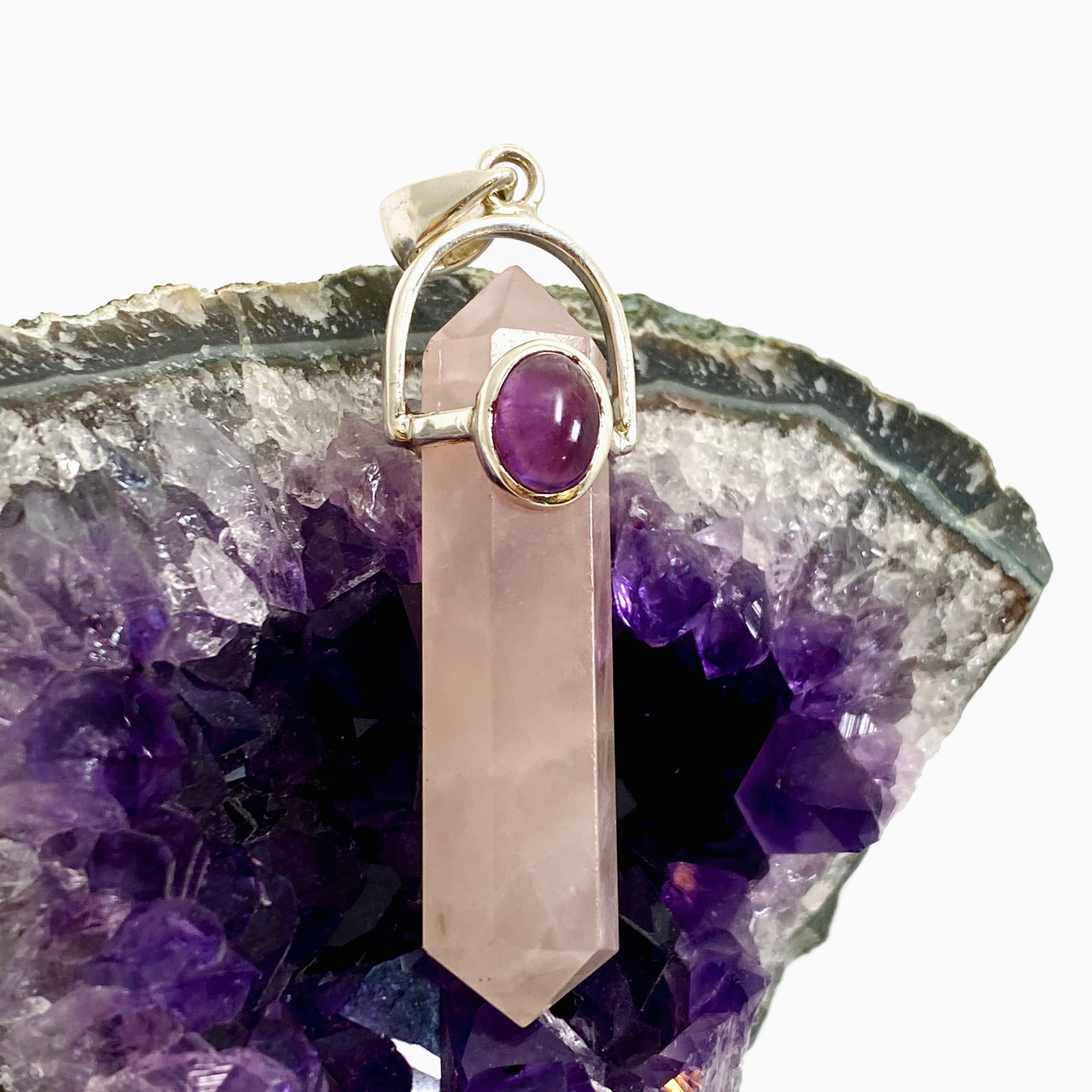 Natural Rose Quartz Double Point Pendant Necklace with Amethyst Accent Stone - PPGJ1023 | Healing Crystal Jewelry for Meditation, Energy Balancing & Spiritual Gifts