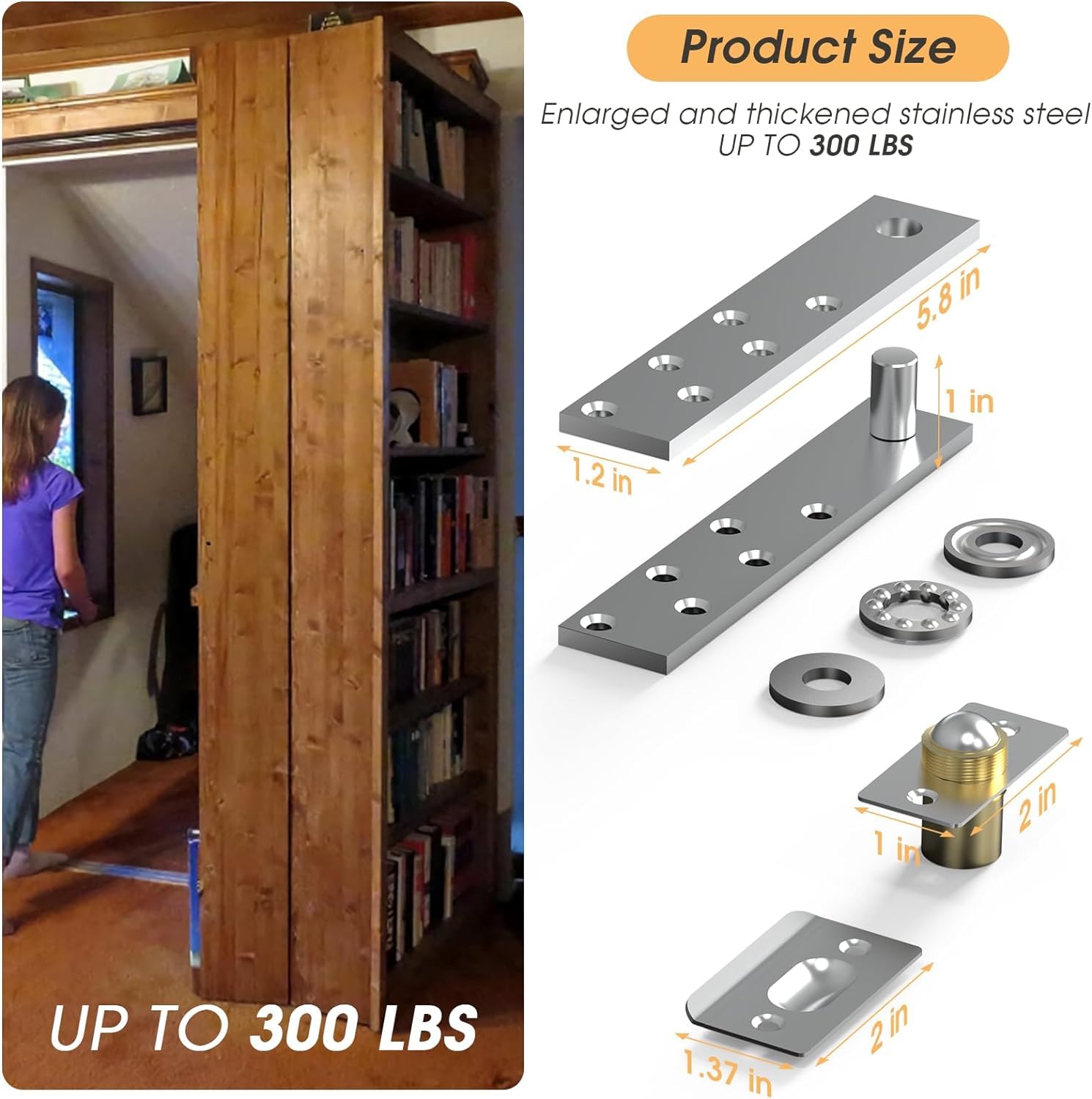 Heavy Duty Stainless Steel Hidden Door Hinge - 360 Degree Rotation Pivot Hinges for Wood Doors, Cabinet & Secret Bookcase (Max 300 lb) - Perfect for Hidden Rooms, Bookshelf Doors & Custom Furniture (2Pcs)