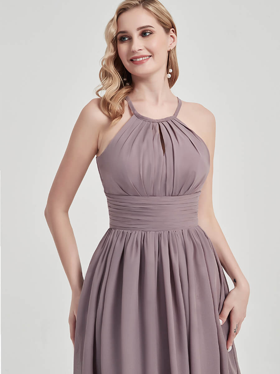Elegant Dusk Pleated Halter Neck Sleeveless A-Line Chiffon Bridesmaid Dress for Weddings & Formal Events - Perfect for Summer Beach Weddings, Evening Parties & Special Occasions