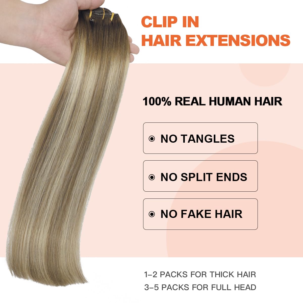 XDhair 100% Real Human Hair Clip in Extensions - 14 Inch, 6pcs 100g, Balayage Ombre Walnut Brown to Ash Brown Blonde - Straight Hair Extensions for Women - Perfect for Daily Styling, Parties & Special Occasions