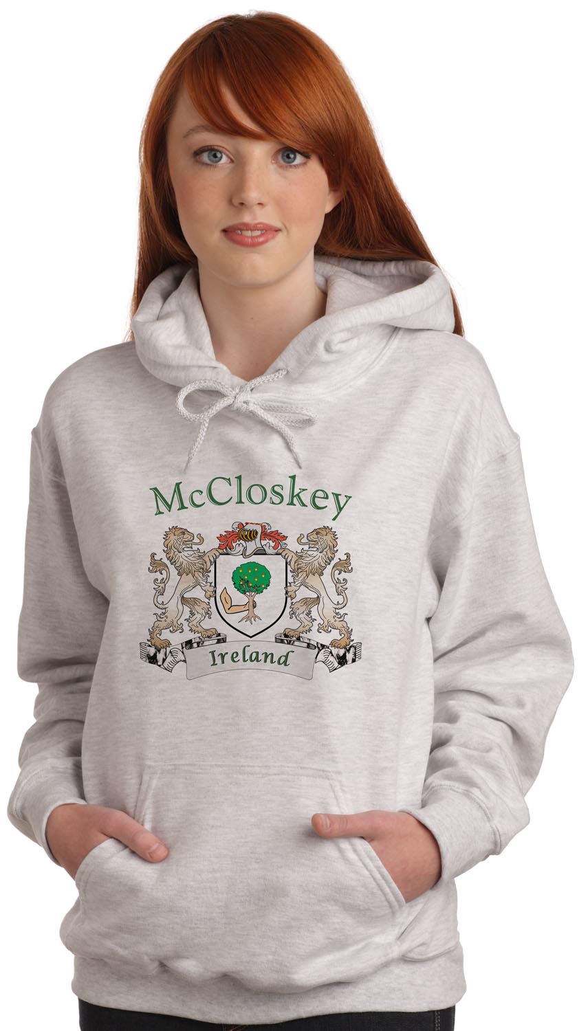McCloskey Irish Coat of Arms Ash Hooded Sweatshirt - Premium Irish Heritage Pullover for Men & Women - Perfect for St. Patrick's Day, Casual Wear & Outdoor Activities