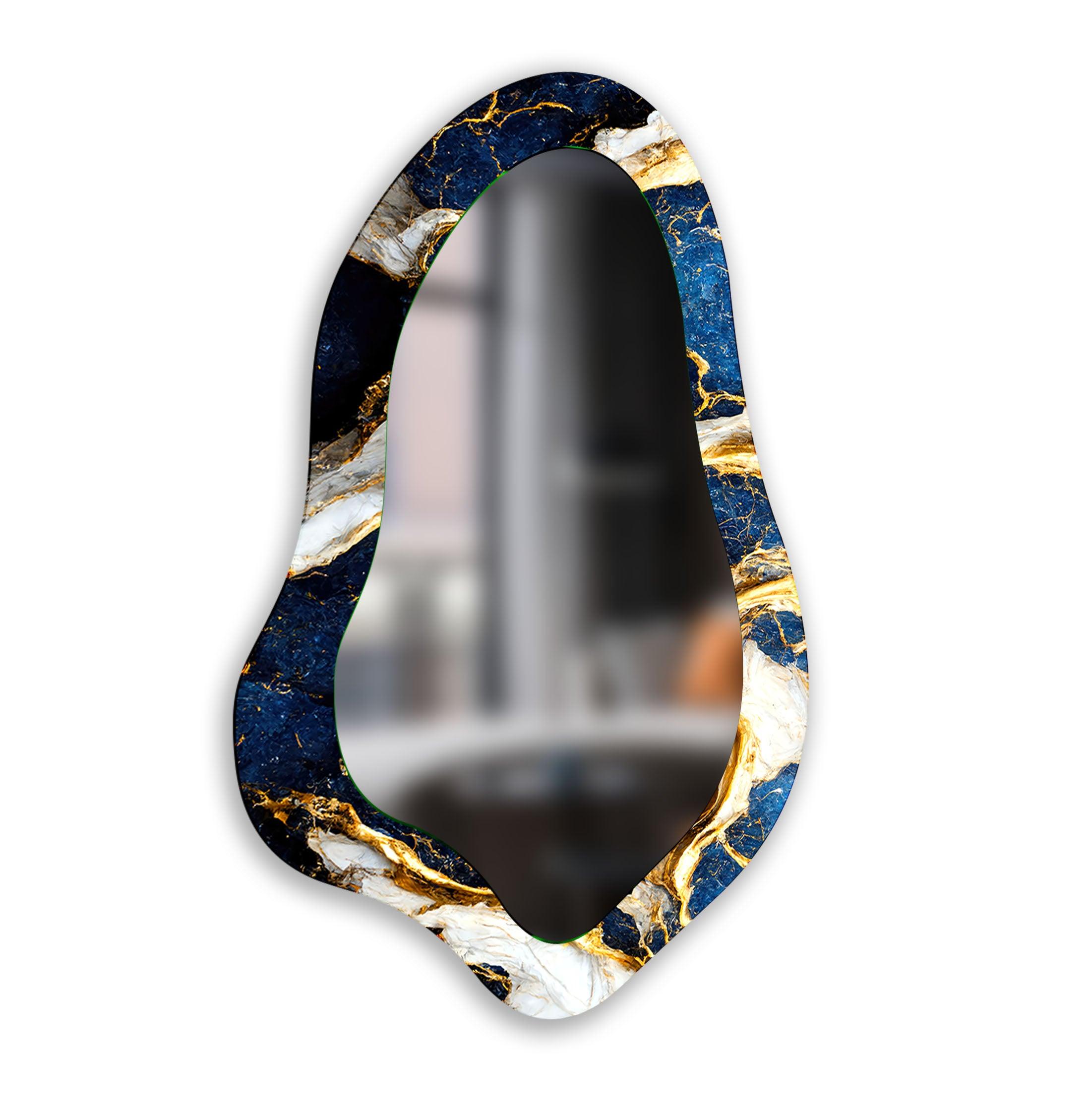Blue & Gold Marble Bathroom Wall Mirror - Elegant Vanity Mirror for Makeup & Shaving - Perfect for Modern Bathroom Decor & Bedroom Vanity