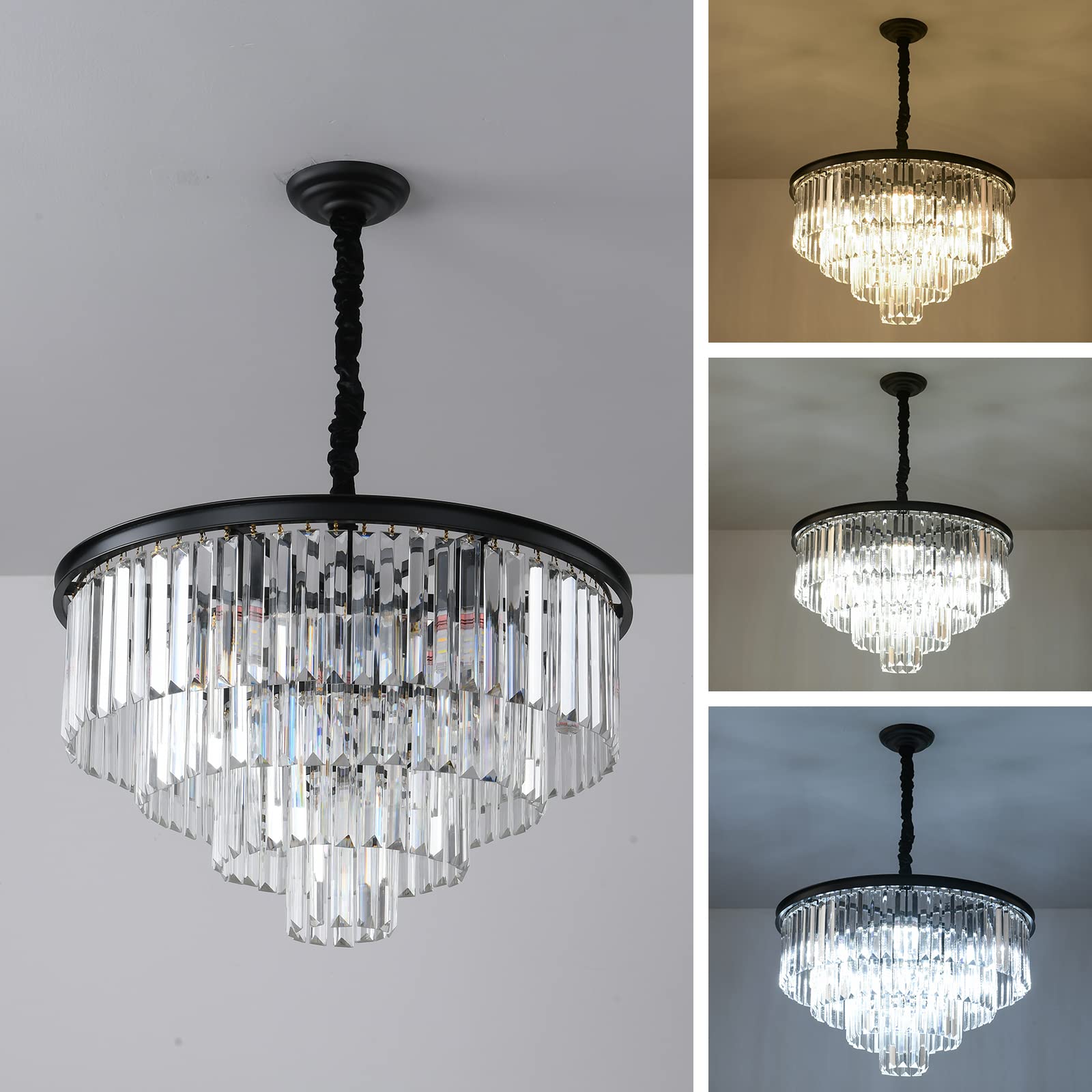 Modern Black Crystal Chandelier - 4-Tier Round Flush Mount Ceiling Light with Adjustable Height, Elegant Pendant Lighting for Dining Room, Living Room, Bedroom, Kitchen, Hotel Lobby | Perfect for Home Decor, Wedding Venues & Luxury Interior Design