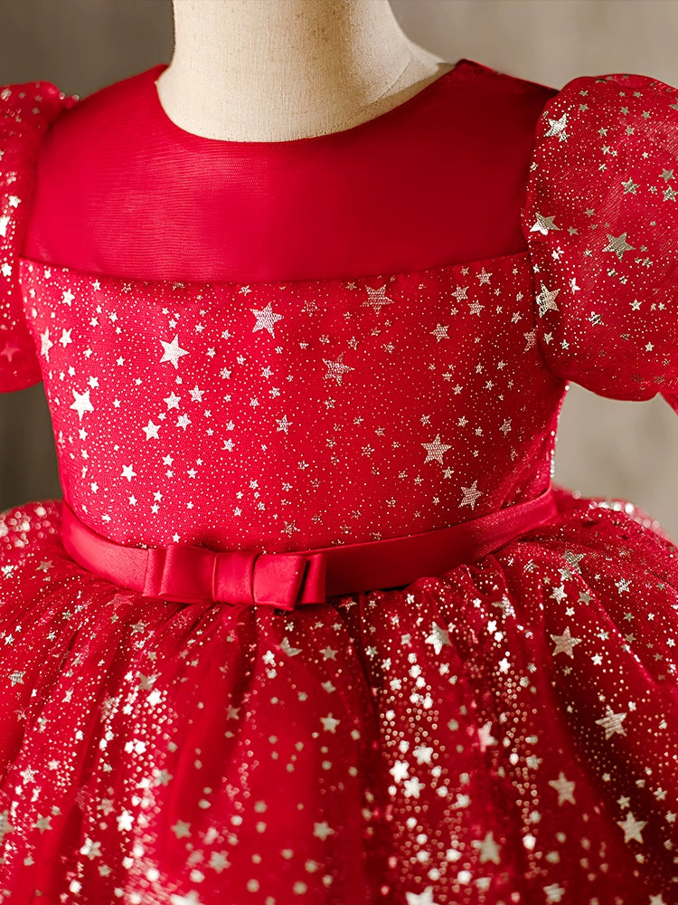Burgundy Princess Round Tea Length Organza Flower Girl Dress for Weddings & Special Occasions
