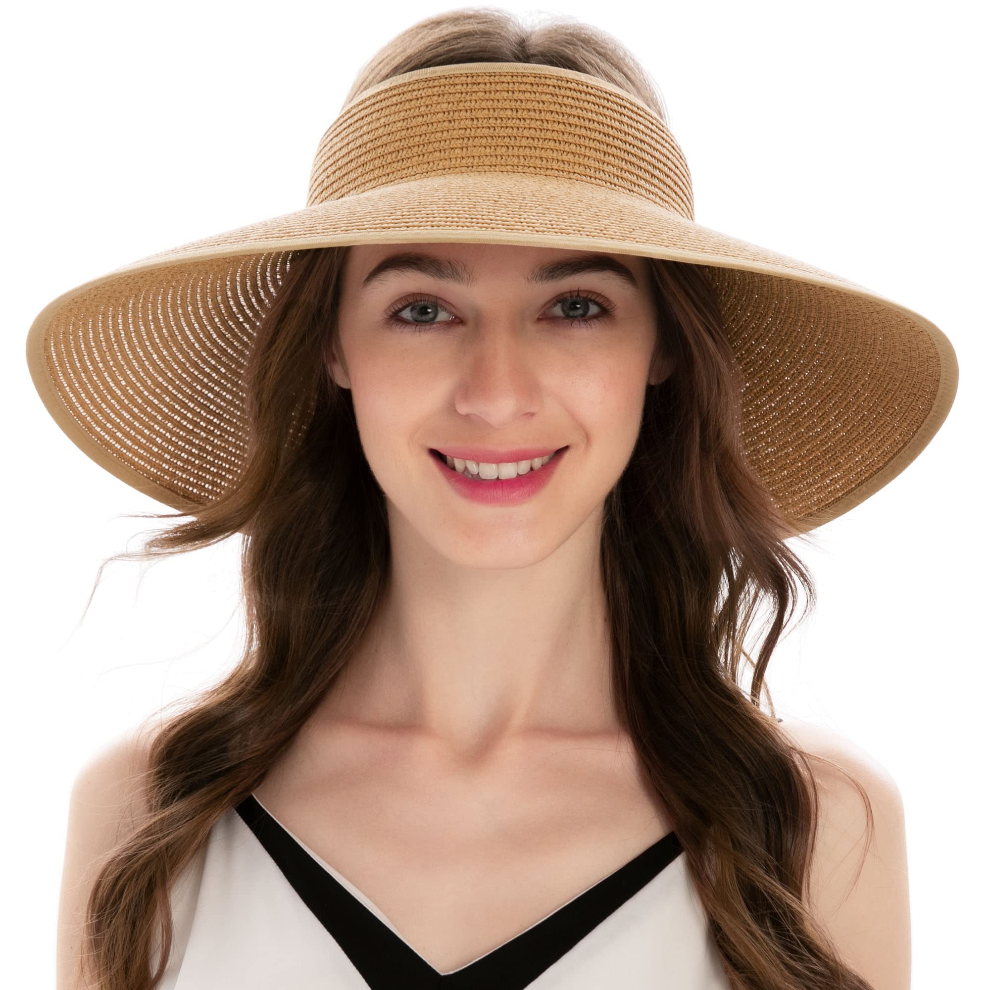 Women's Wide Brim Straw Sun Hat - UPF 50+ UV Protection Roll-Up Ponytail Beach Hat for Summer Outdoor Activities, Gardening, Travel & Vacations