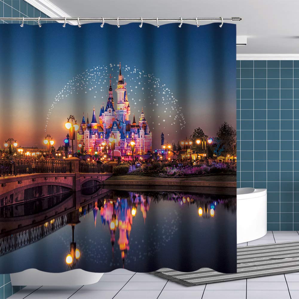 Disney Fairy Tale Castle Waterproof Polyester Shower Curtain 70x70 Inches - Kids Bathroom Decor with Hooks, Magic Theme for Children's Room & Fantasy Bath Time