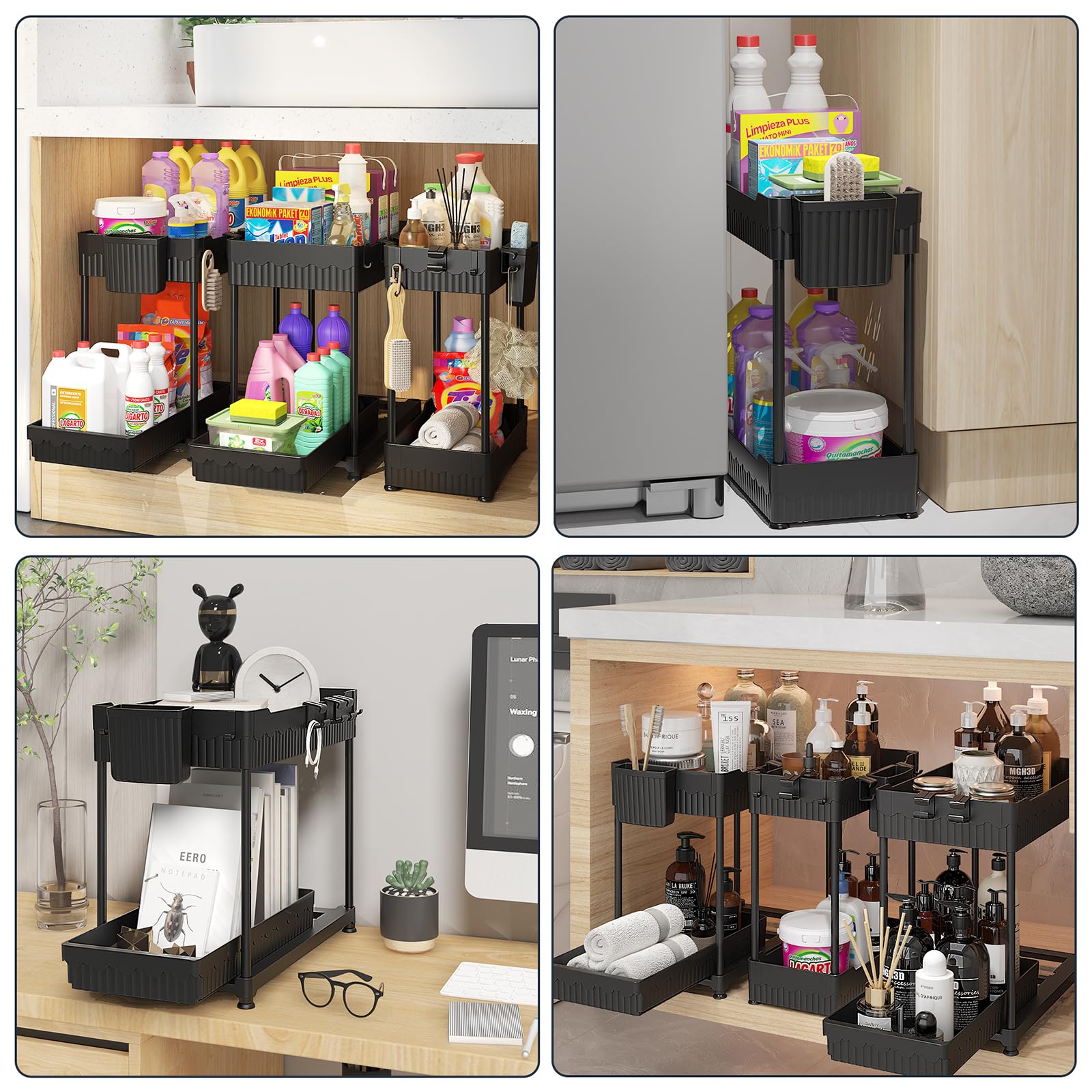Sevenblue 3-Pack Under Sink Organizer with Sliding Drawer - 2-Tier Bathroom & Kitchen Storage Solution with Hanging Hooks & Cups (Black) - Perfect for Small Space Organization in Bathrooms, Kitchens, Laundry Rooms & Closets
