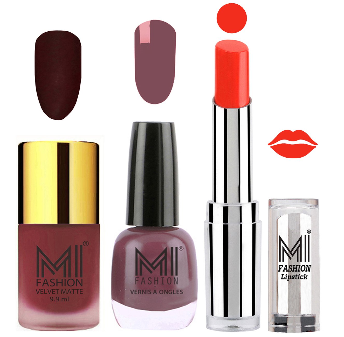 MI Fashion Matte Maroon Nail Polish & Mauve Brown Shine Nail Polish with Orange Crush Lipstick - 3 Piece Nail & Lip Makeup Set for Parties, Date Night & Special Occasions