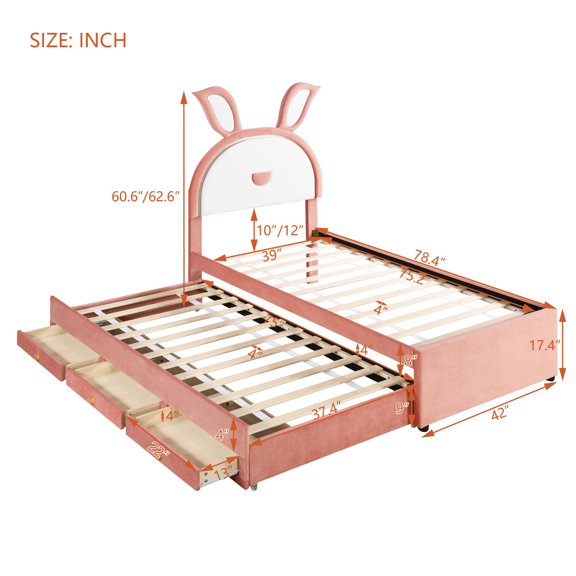 P PURLOVE Twin Size Wooden Platform Bed Frame with Rabbit-Shaped Headboard - Upholstered Bed with Trundle, 3 Storage Drawers & LED Lights - No Box Spring Required - Easy Assembly - Pink - Perfect for Kids Rooms, Teen Bedrooms & Nursery Decor