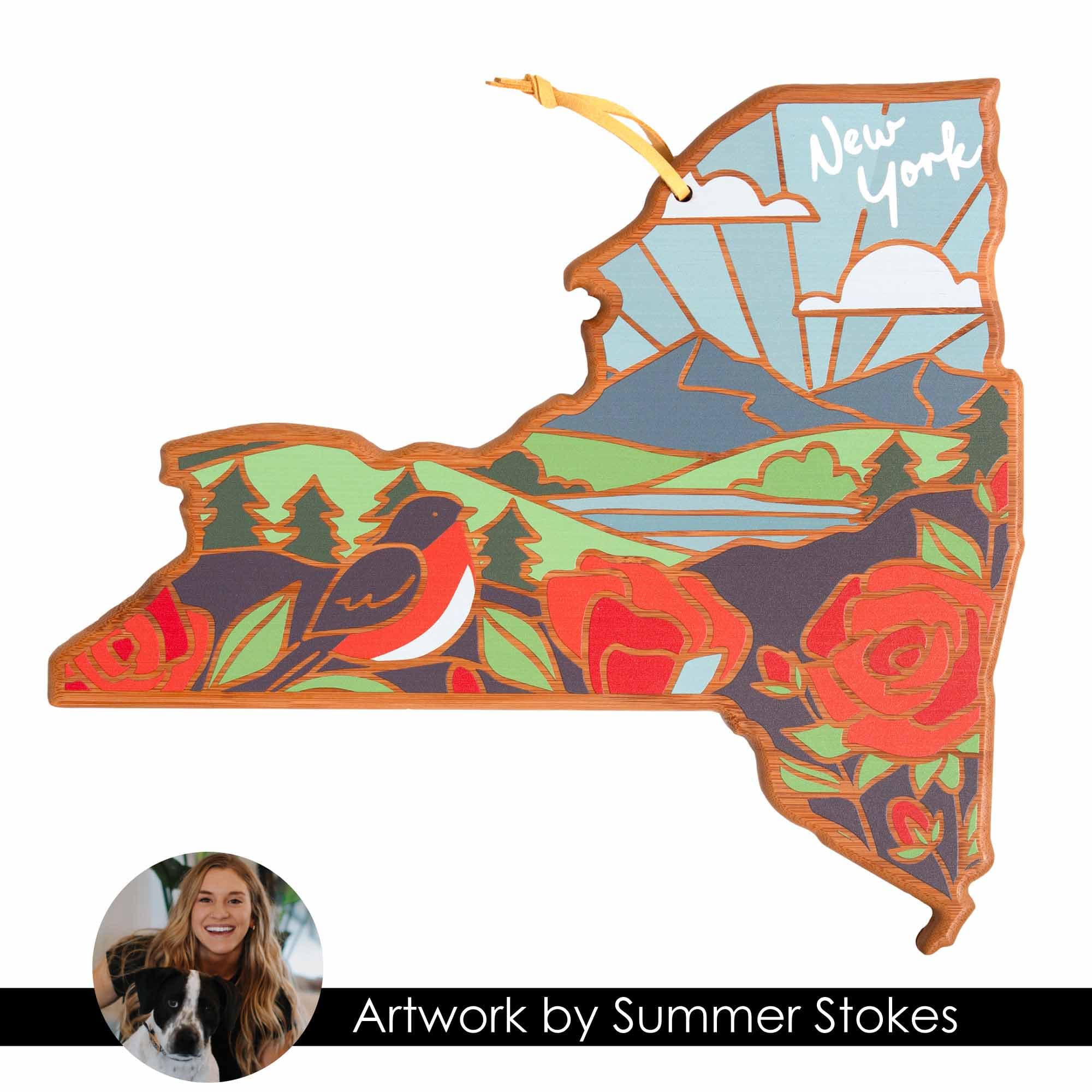 Premium New York Themed Wooden Cutting Board with Summer Stokes Artwork - Perfect for Kitchen Decor, Gift Ideas & Charcuterie Serving