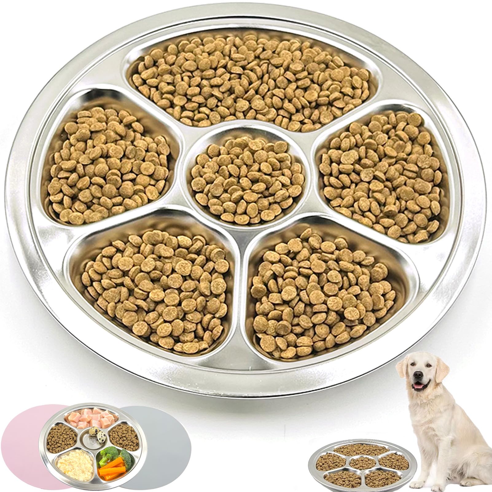 6 in 1 Stainless Steel Dog Bowl Set - 3 Cup Slow Feeder & Food Grade 18/8 Steel Pet Dish - Non-Slip Mat & Dishwasher Safe - Perfect for Mealtime & Portion Control for Dogs