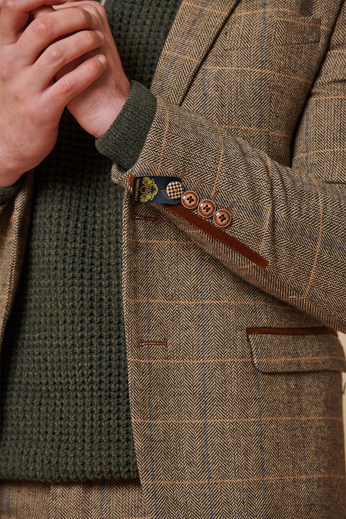 Premium TED Tan Tweed Check Three-Piece Suit with Double-Breasted Waistcoat - Formal Business Attire for Weddings, Office & Special Occasions