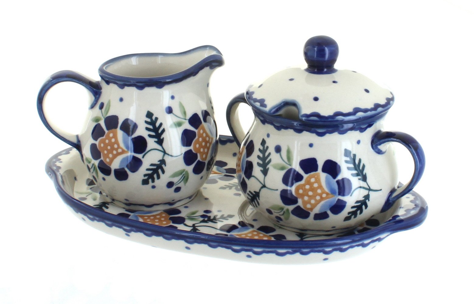 Handmade Blue Rose Polish Pottery Sunflower Sugar Bowl & Creamer Set with Serving Tray - Vintage Floral Tea Coffee Accessories for Farmhouse, Rustic & Boho Kitchen Decor