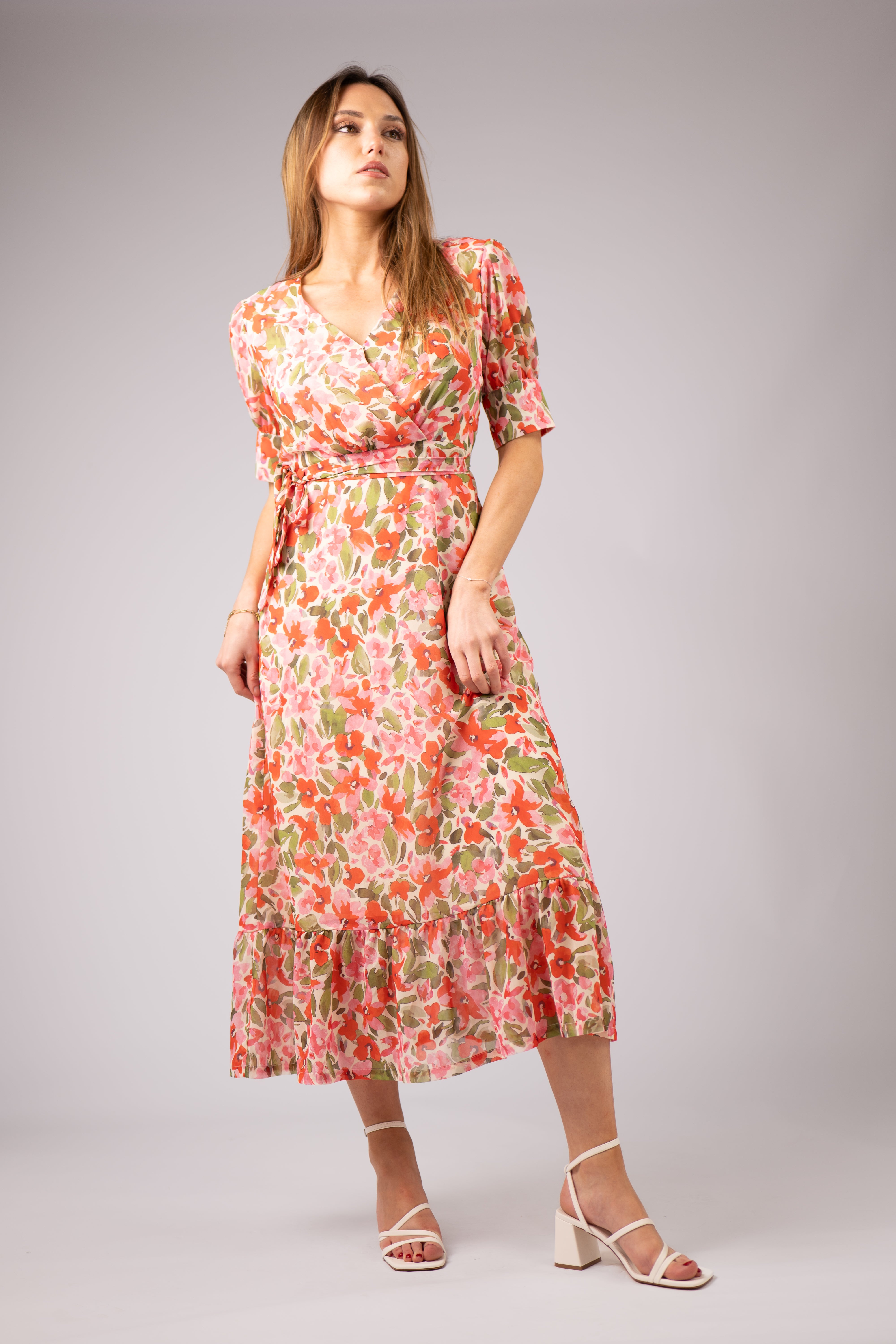 FLEUR LONG FAUX WRAP DRESS in Pink - Elegant Women's Plus Size Evening Gown for Parties, Weddings & Special Occasions