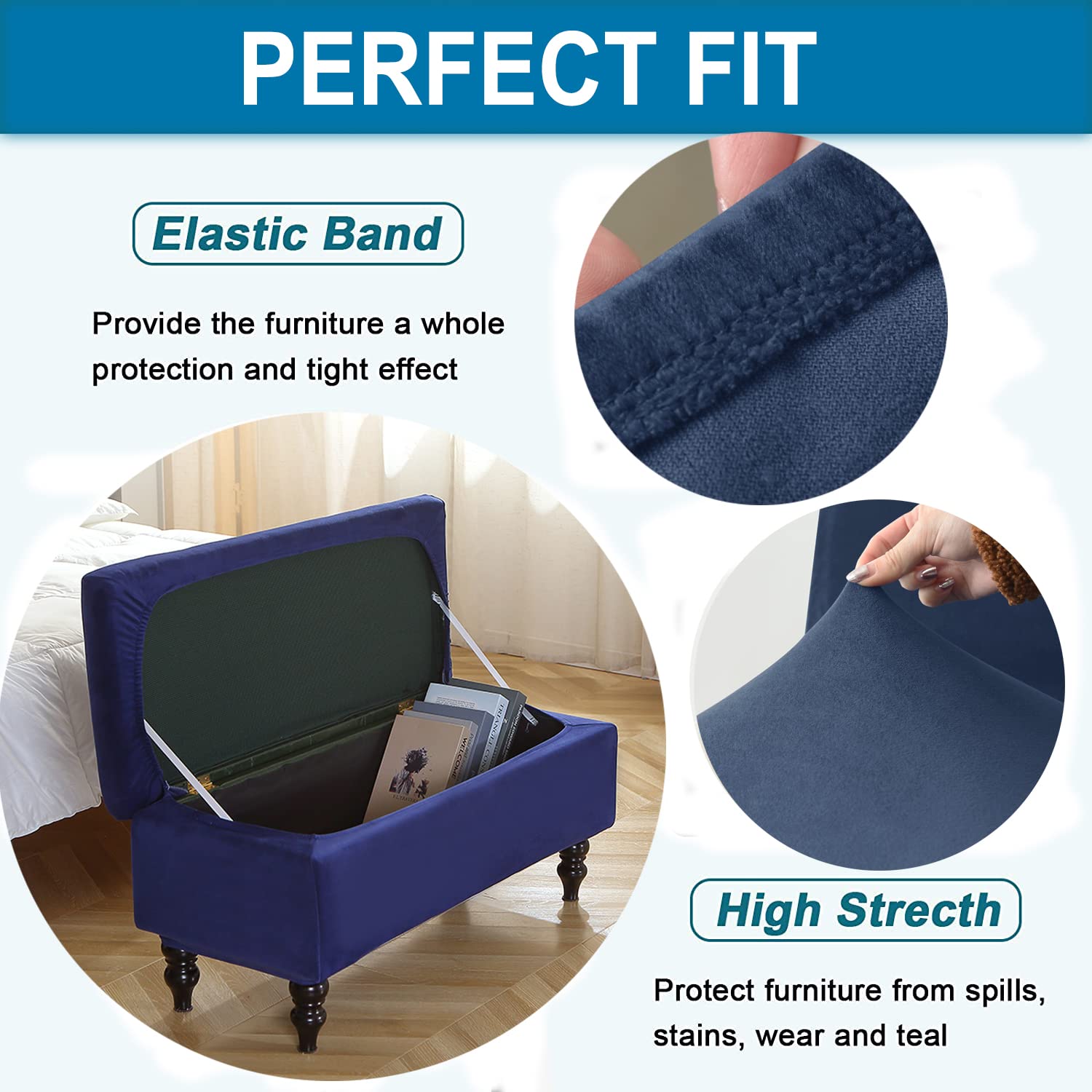 Stretch Velvet Storage Ottoman Cover with Elastic Bands - Blue Large Jacquard Bench Slipcover for Footrest Stool & Folding Storage | Living Room, Bedroom & Home Decor