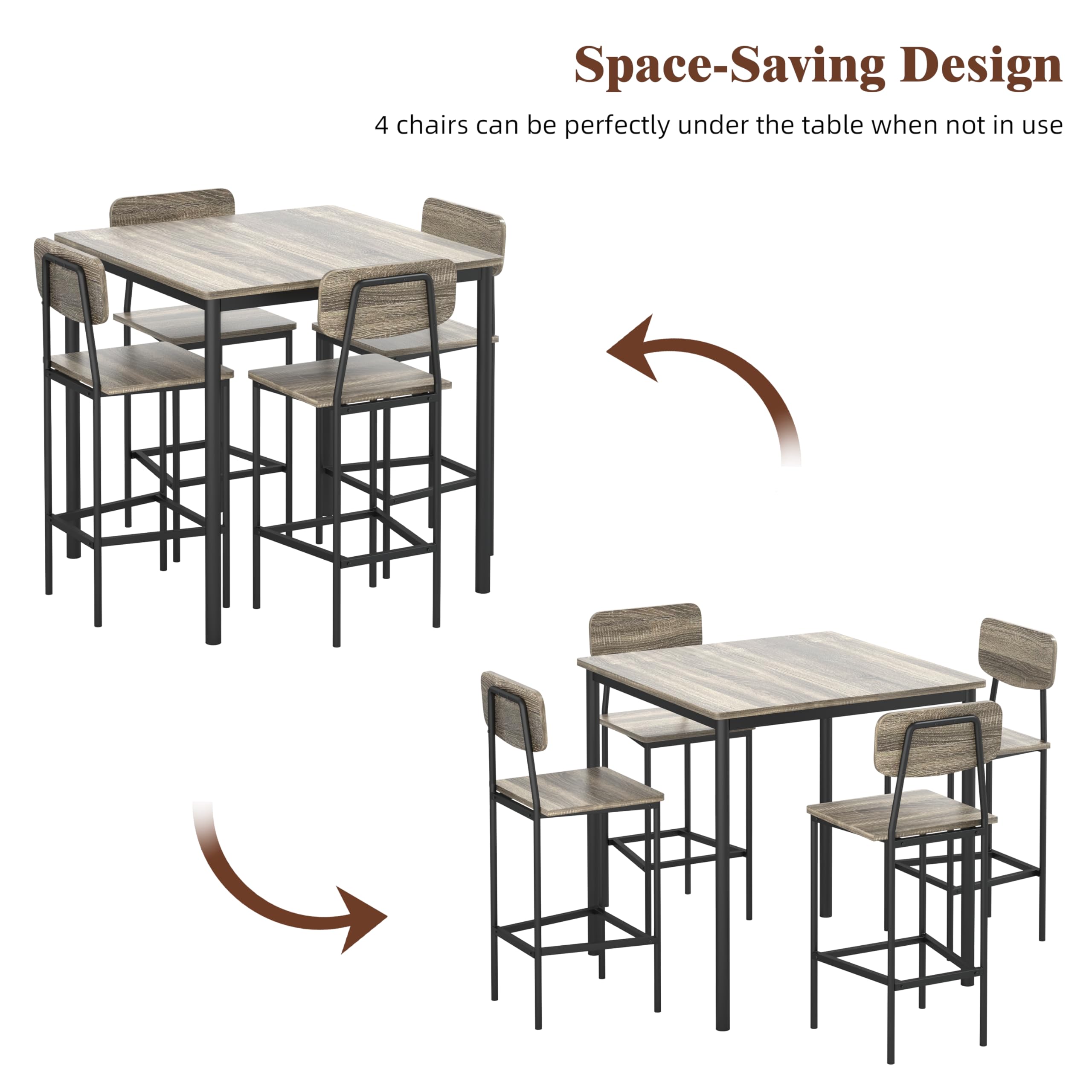 4-Piece Industrial Kitchen Table and Chairs Set - Space Saving Dining Table Set for Family Dinners & Parties (Gray) | Perfect for Small Spaces, Breakfast Nooks & Modern Farmhouse Decor