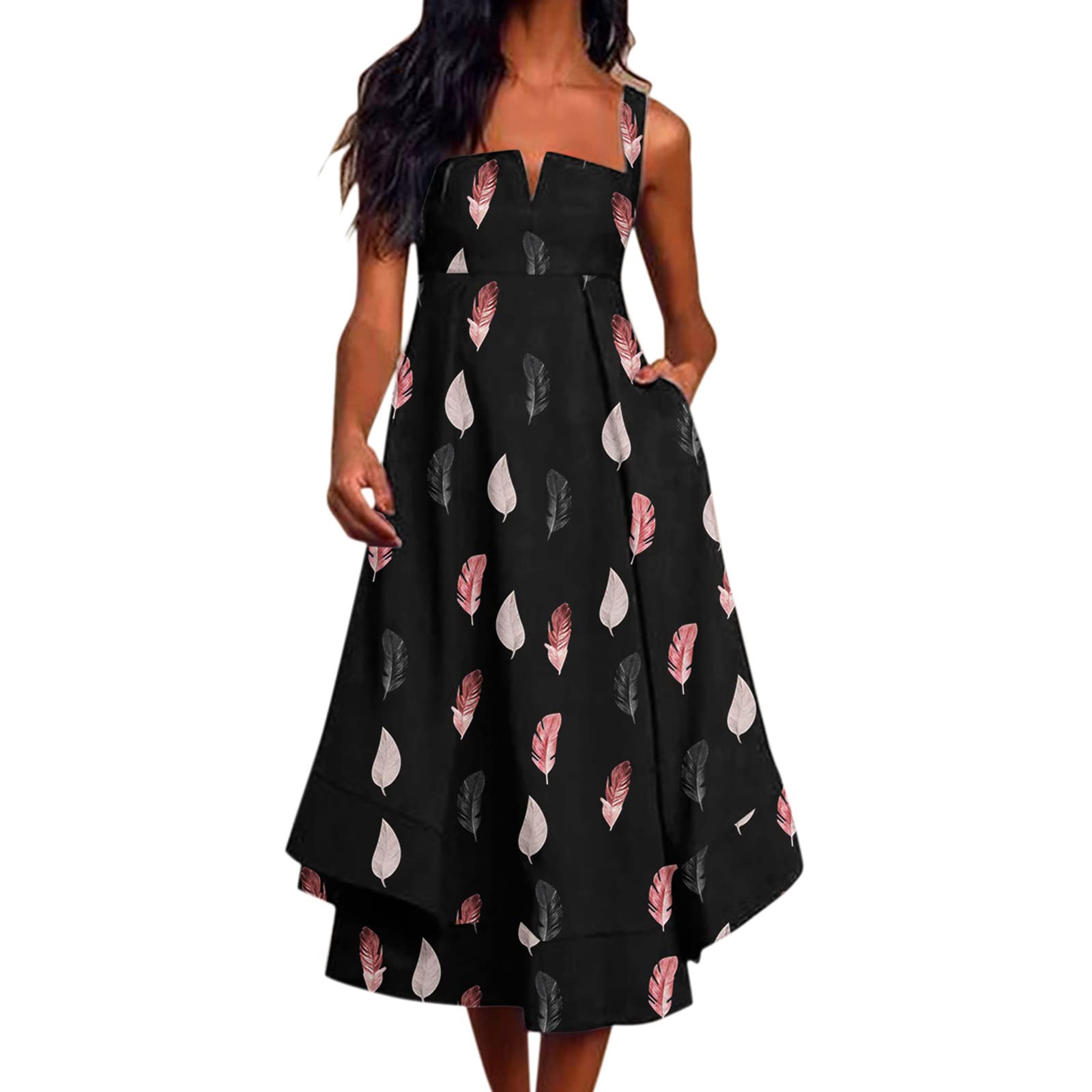 2024 Floral Print Women's Summer Midi Dress - Sleeveless V-Neck Ruffled Evening Gown with Pockets | Perfect for Beach Vacations, Cocktail Parties & Date Nights