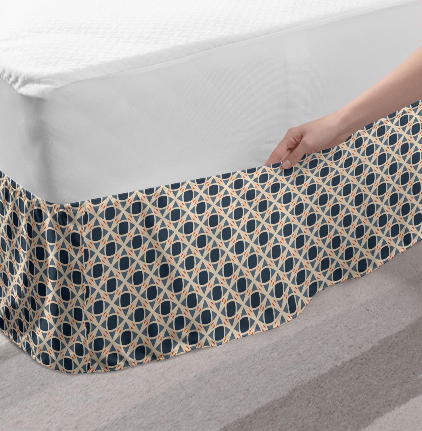 Ambesonne Abstract Elastic Bed Skirt - Funky Geometric Pattern Wrap Around Dust Ruffle for King Size Beds, Slate Blue Champagne | Perfect for Modern Bedroom Decor & Guest Room Styling
