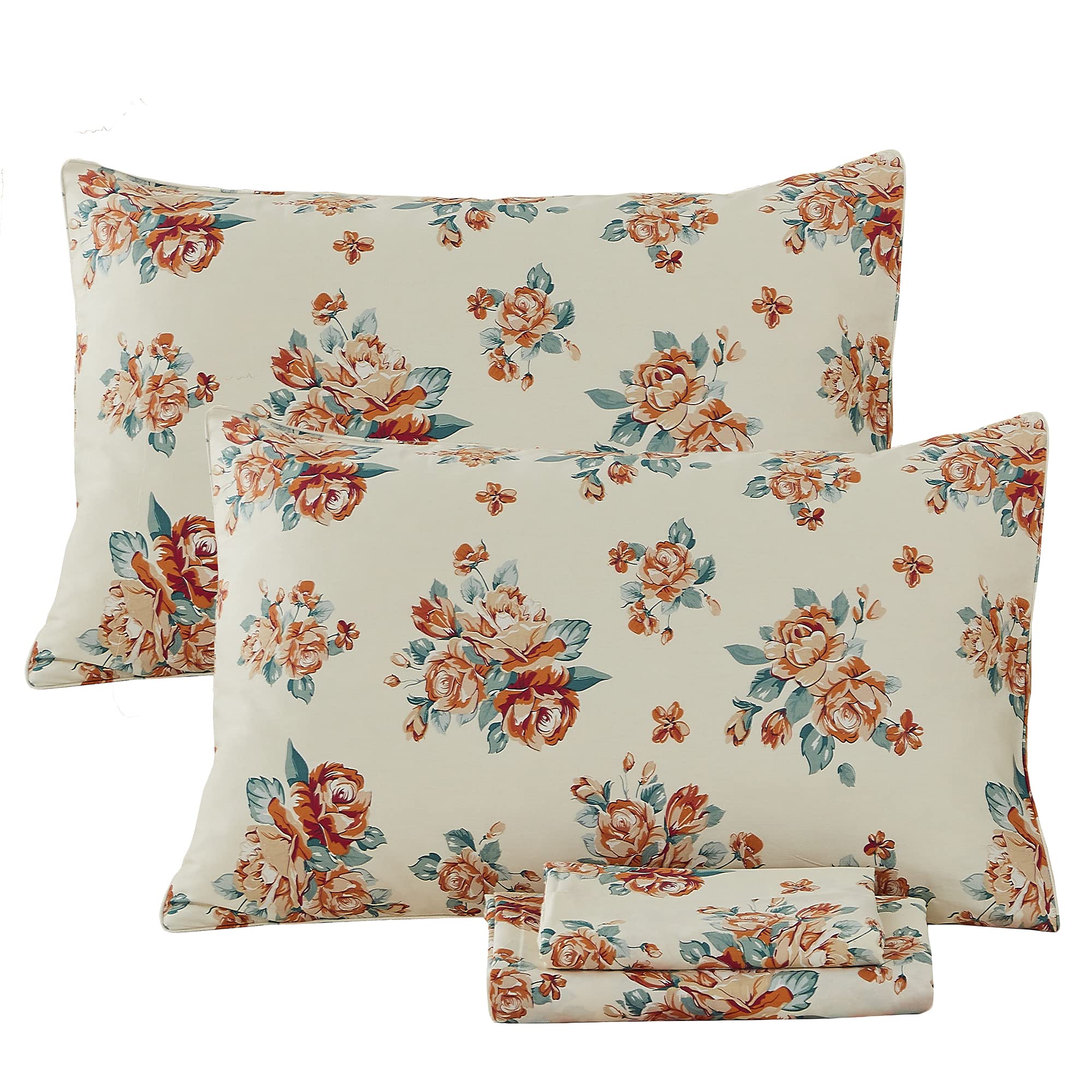 FADFAY 100% Cotton Queen Size Rose Floral Bed Sheet Set - Elegant Beige Shabby Chic Vintage Peony Design, 4-Piece Farmhouse Bedding with Deep Pocket Fitted Sheet | Soft & Breathable for Girls Bedroom, Guest Room & Cozy Farmhouse Decor