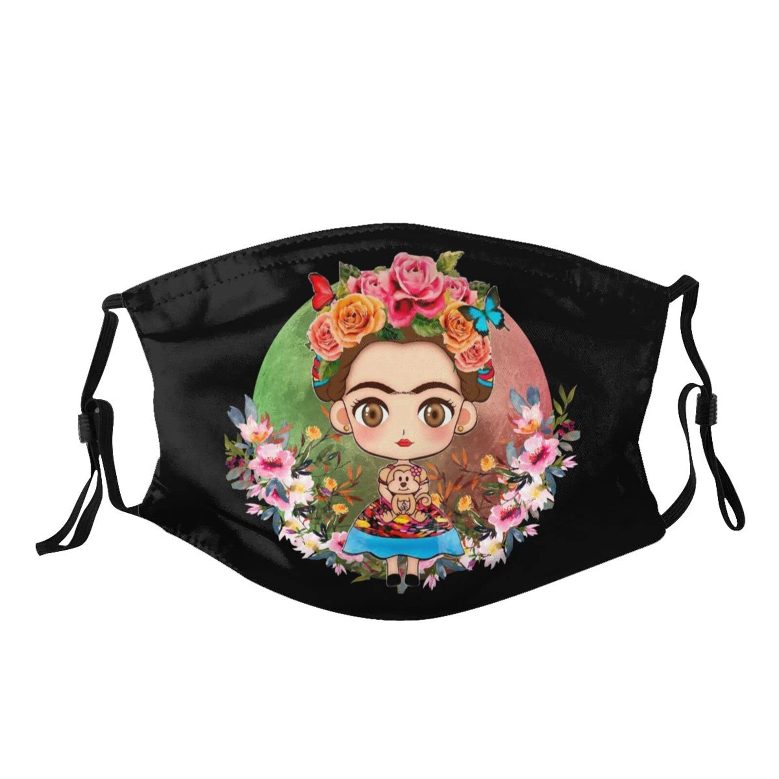 Frida Kahlo Cartoon Face Mask - Reusable Anti Dust Protection Cover with Filters for Women, Men & Adults - Black - Perfect for Outdoor Activities, Travel & Daily Commute