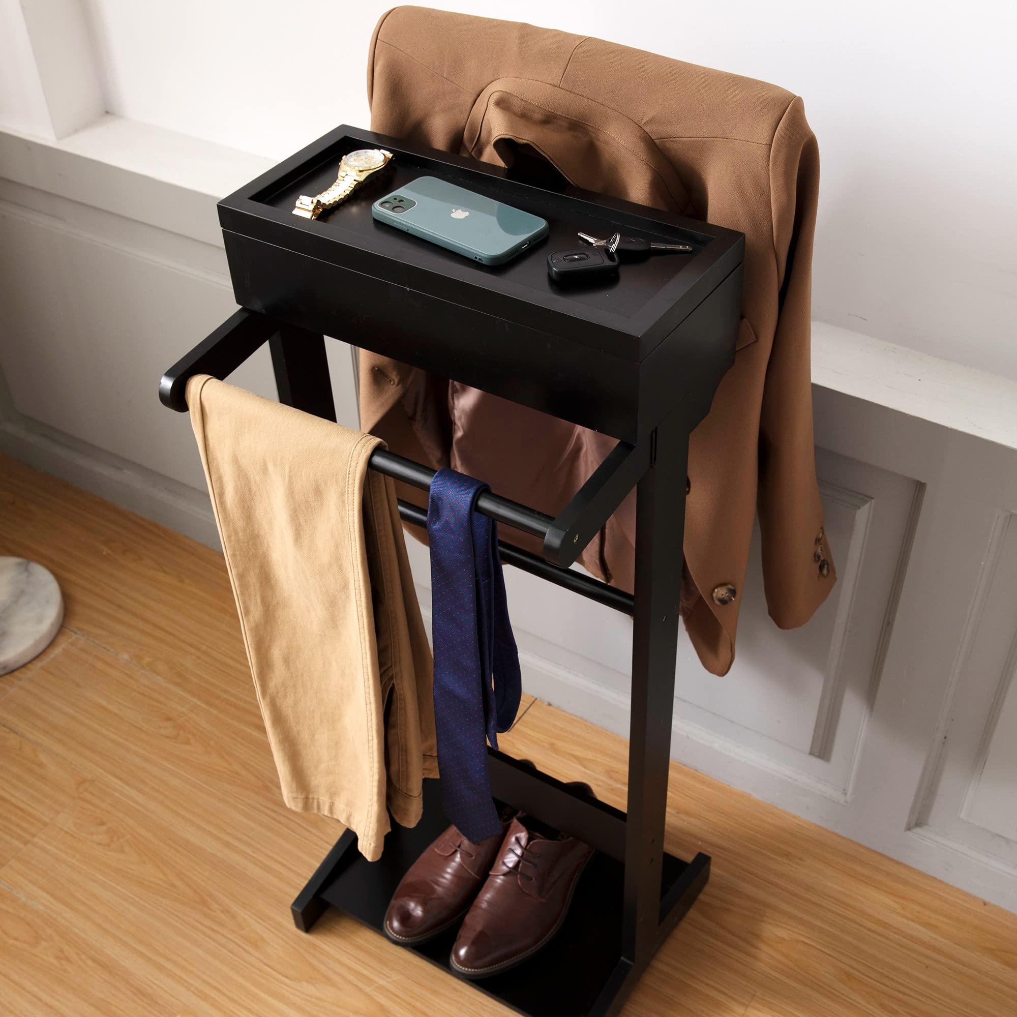 Wooden Dresser Valet Stand - Coat Organizer & Storage Furniture for Bedroom, Closet, Entryway | Perfect for Hanging Coats, Hats, Scarves & Accessories