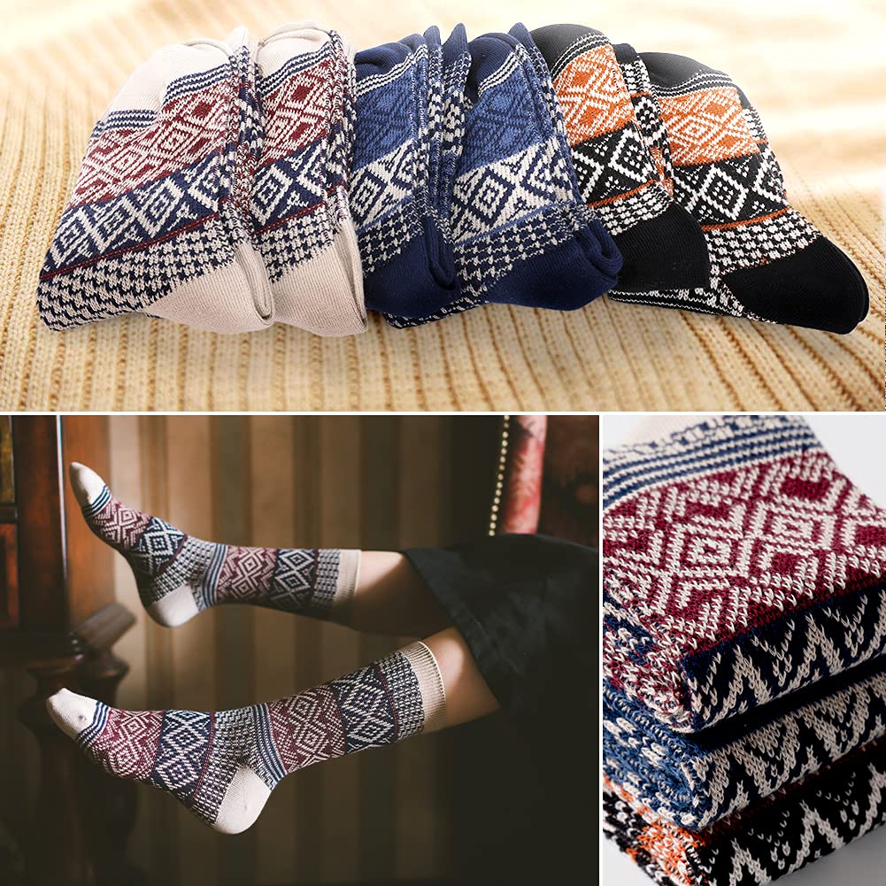 6 Pairs Warm Wool Cotton Socks for Men & Women - Unisex Winter Cabin Socks with Vintage Knit Patterns - Cozy Thermal Socks for Cold Weather, Hiking, Home & Office Wear