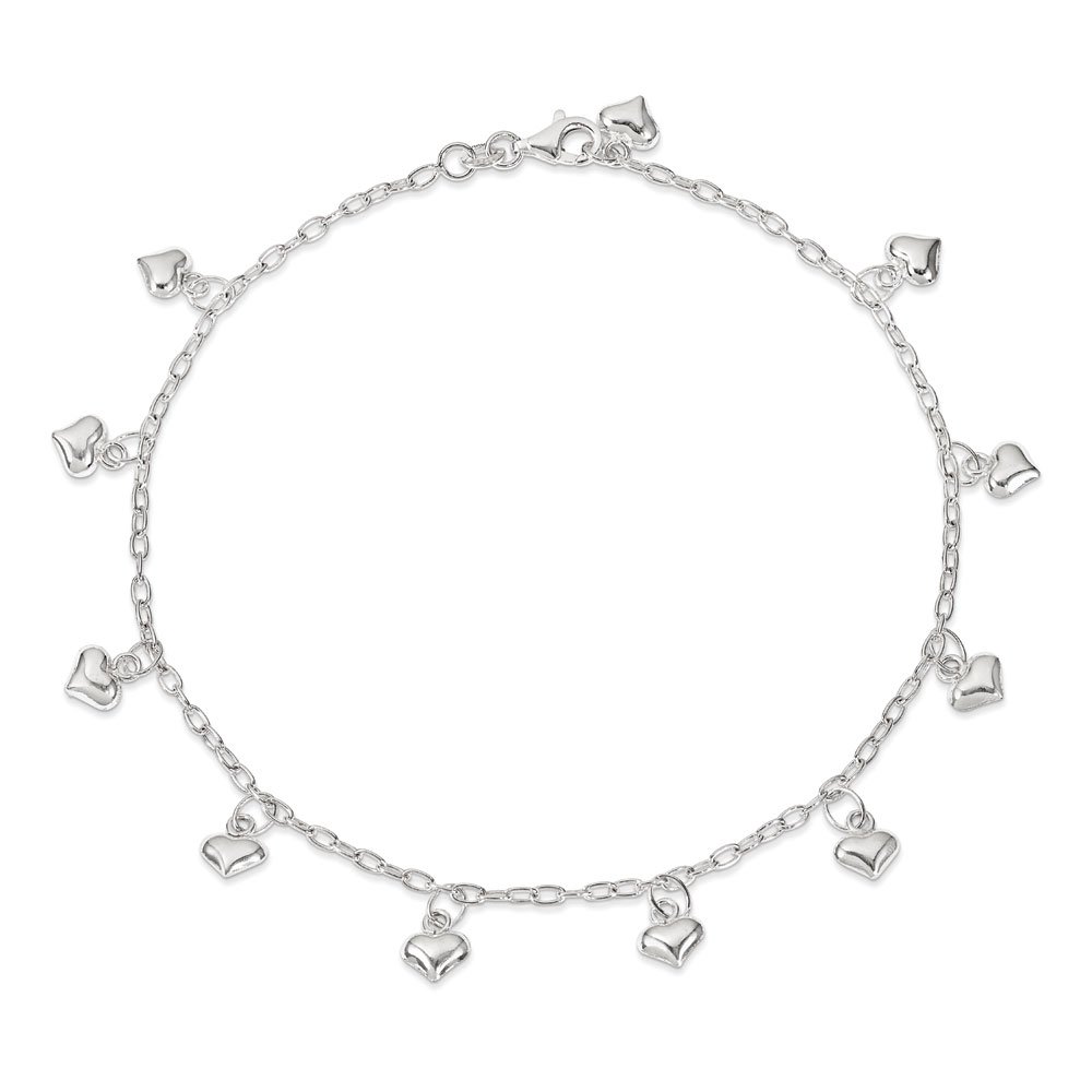 West Coast Jewelry Sterling Silver Polished Puffed Heart Anklet - 10 Inch Adjustable Ankle Bracelet for Women, Perfect for Beach Vacation & Summer Fashion