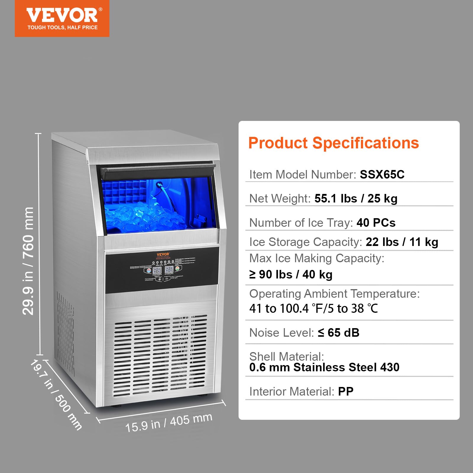 VEVOR Commercial Ice Maker Machine 90LBS/24H with 22LBS Storage - Fast 12-15 Minute Ice Production - Perfect for Bars, Home, Office & Restaurants - Countertop Ice Machine for Cocktails, Beverages & Food Display