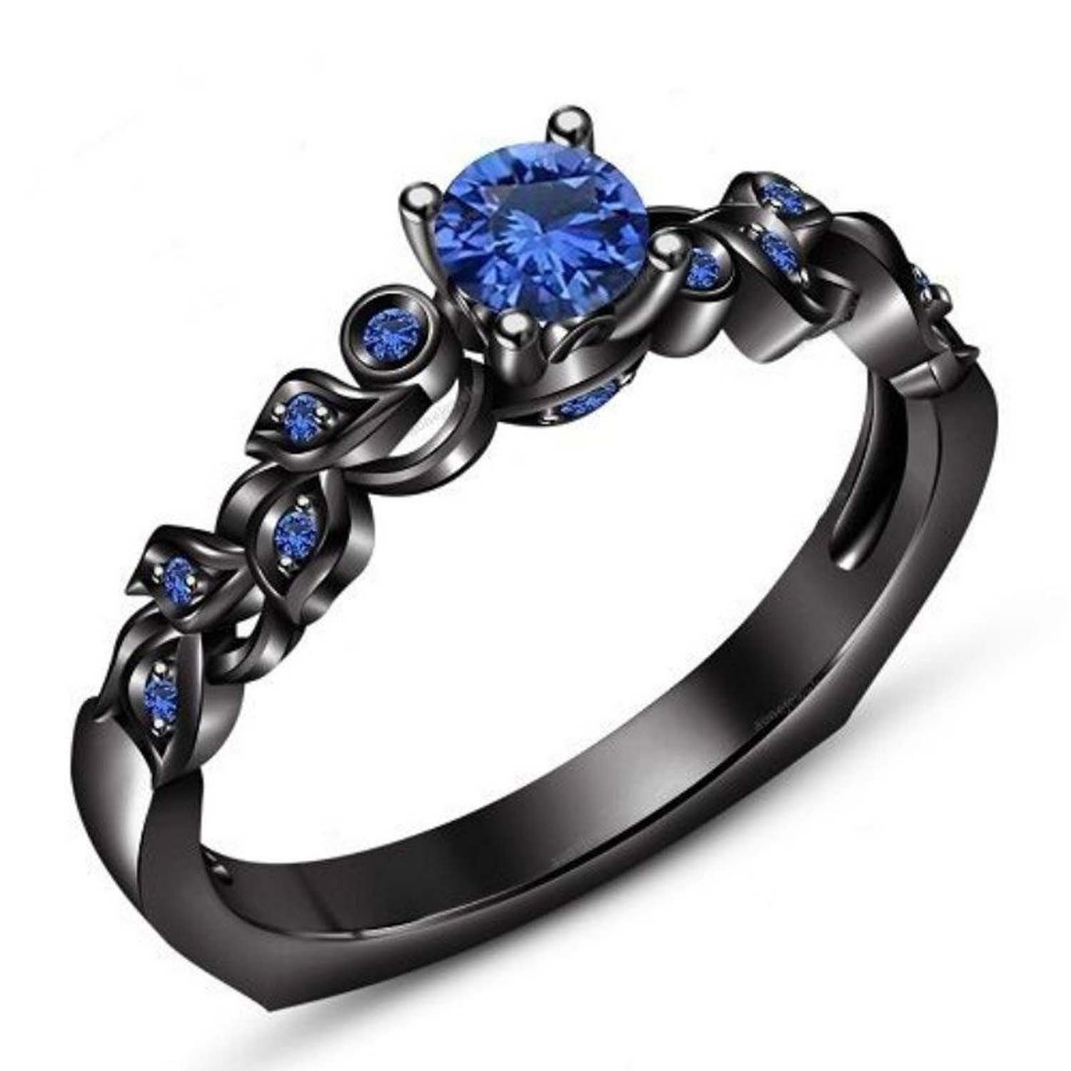 14K Black Rhodium Wedding Ring for Women - 925 Silver CZ Blue Sapphire - Perfect for Engagement & Anniversaries