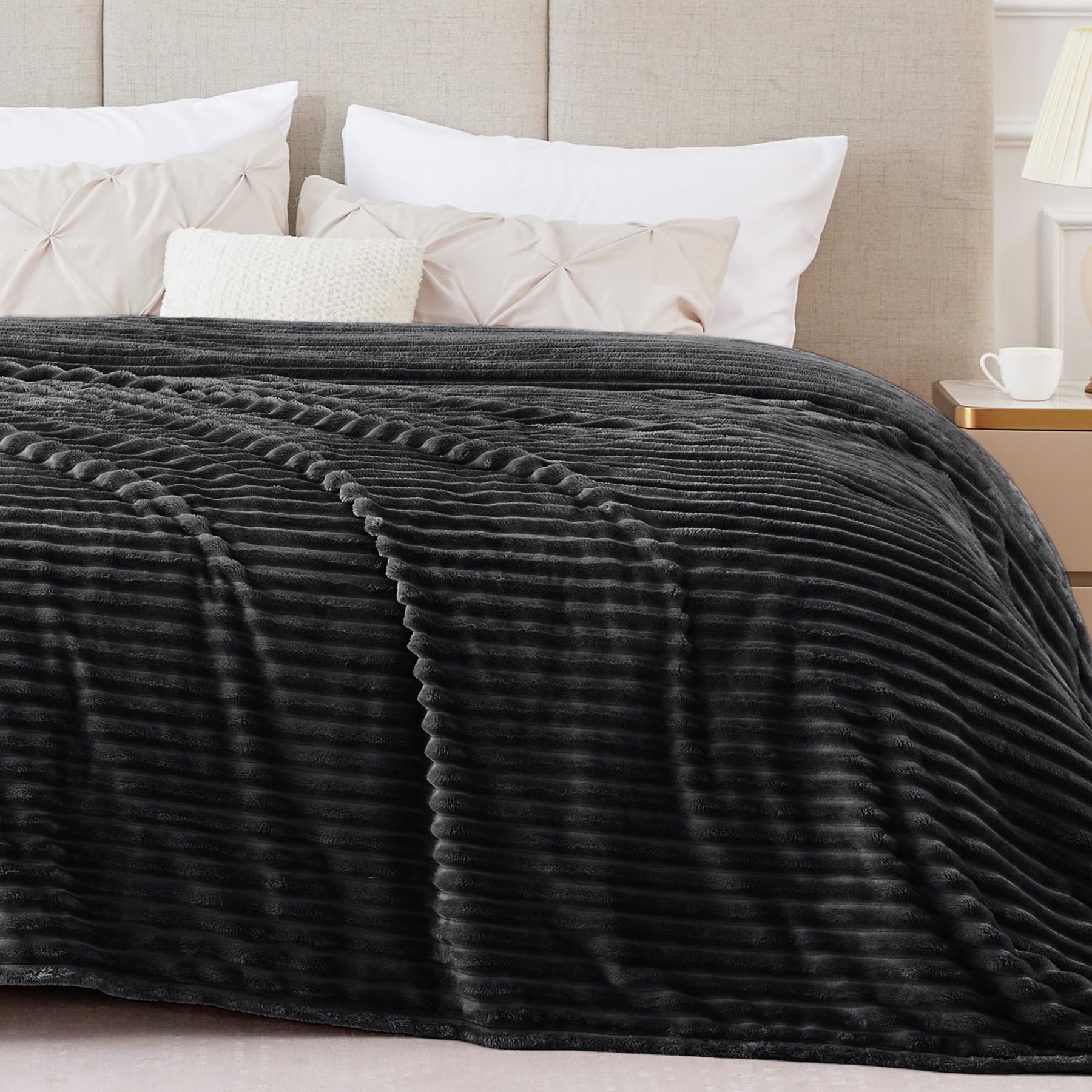**BEDELITE King Size Fleece Blanket - Ultra Soft 3D Ribbed Jacquard Warm Blanket - Cozy Plush Lightweight Throw for Bed, Couch & Sofa - Perfect for Winter Nights, Movie Time & Home Decor (Black, 108x90 Inches)**
