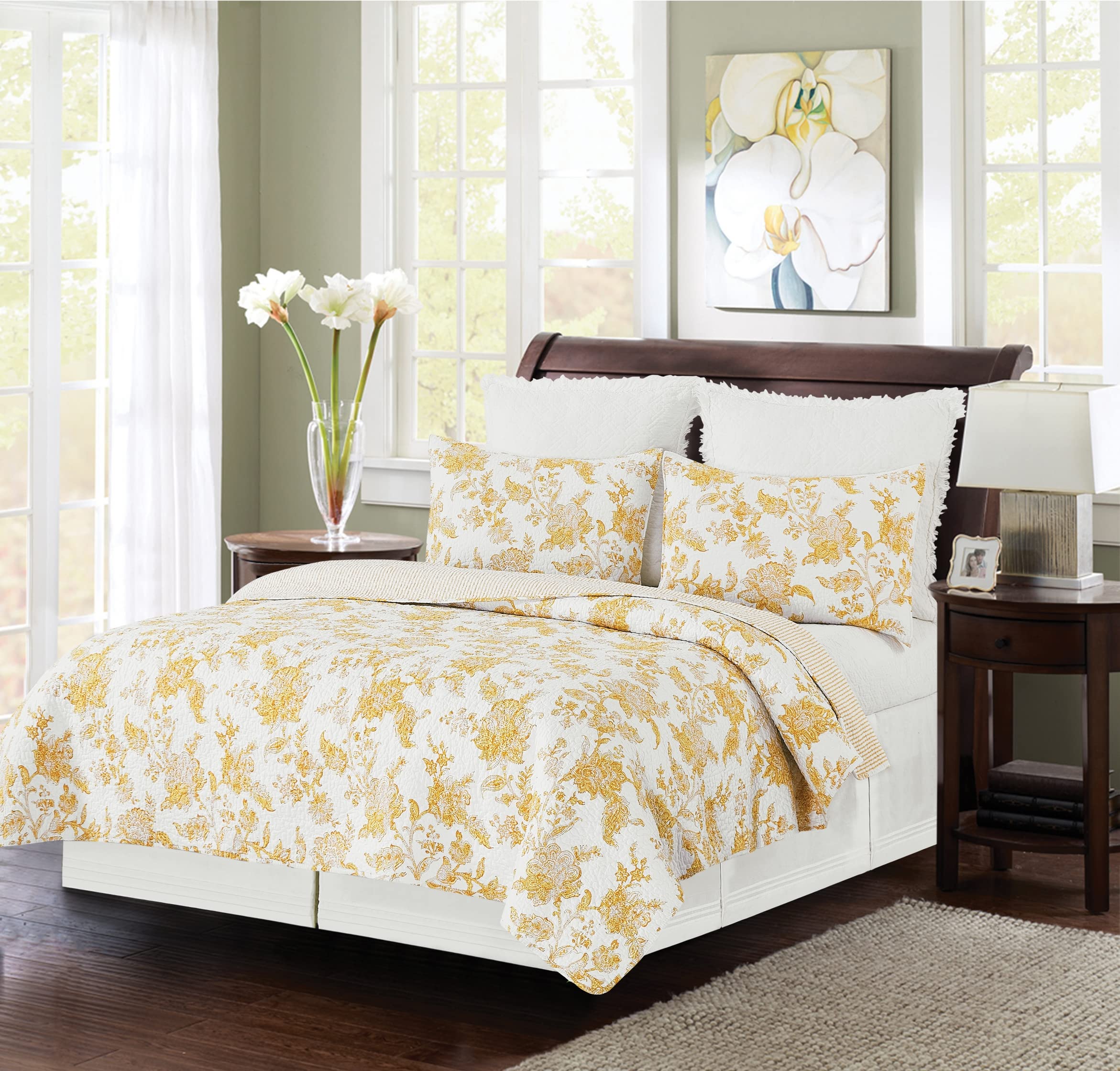 C&F Home Miriam Ochre Full/Queen 3-Piece Reversible Quilt Set with 2 Standard Shams - Yellow & White Toile Floral Pattern Reverses to Stripes - Elegant Bedding for Master Bedroom or Guest Room