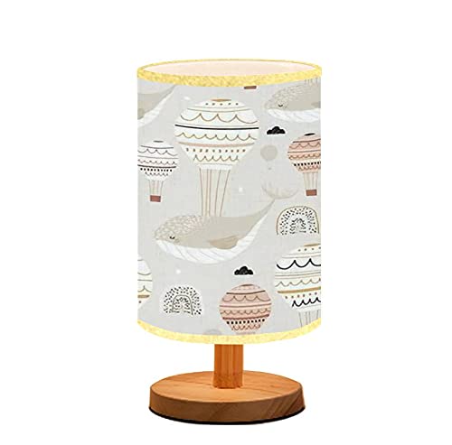 Minimalist Wooden Nightstand Lamp with Flaxen Fabric Shade - Whales & Hot Air Balloons Design for Bedroom, Living Room, or Nursery | Perfect for Reading, Breastfeeding & Cozy Ambience