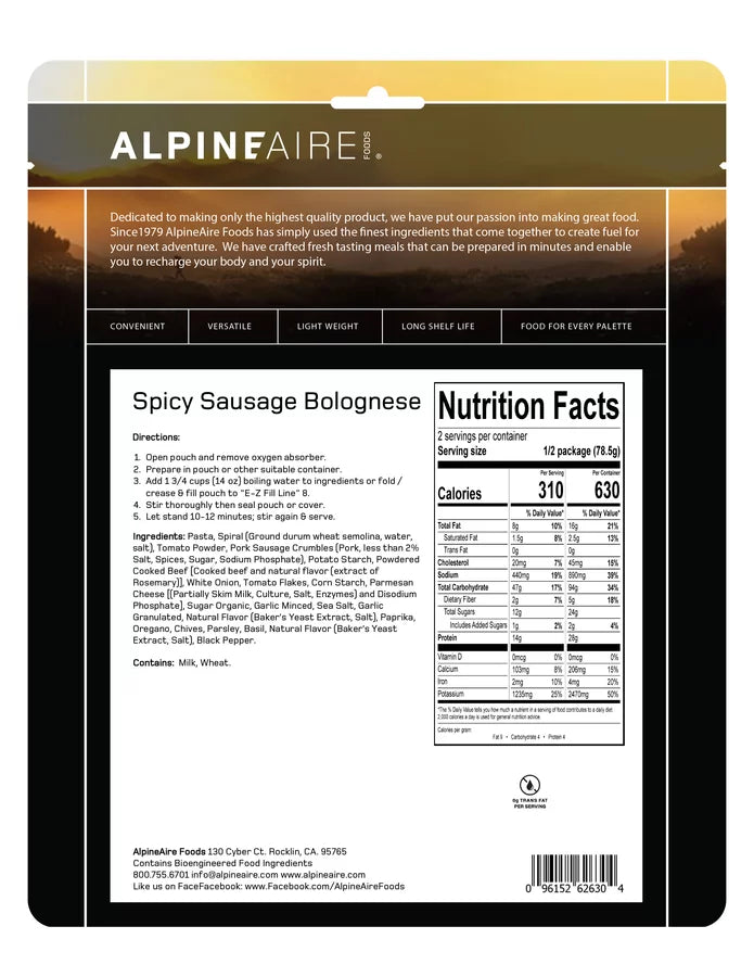 AlpineAire Spicy Sausage Bolognese Pasta Sauce - Gluten Free, High Protein Backpacking & Camping Meal - Perfect for Hiking, Emergency Food Supply & Outdoor Adventures