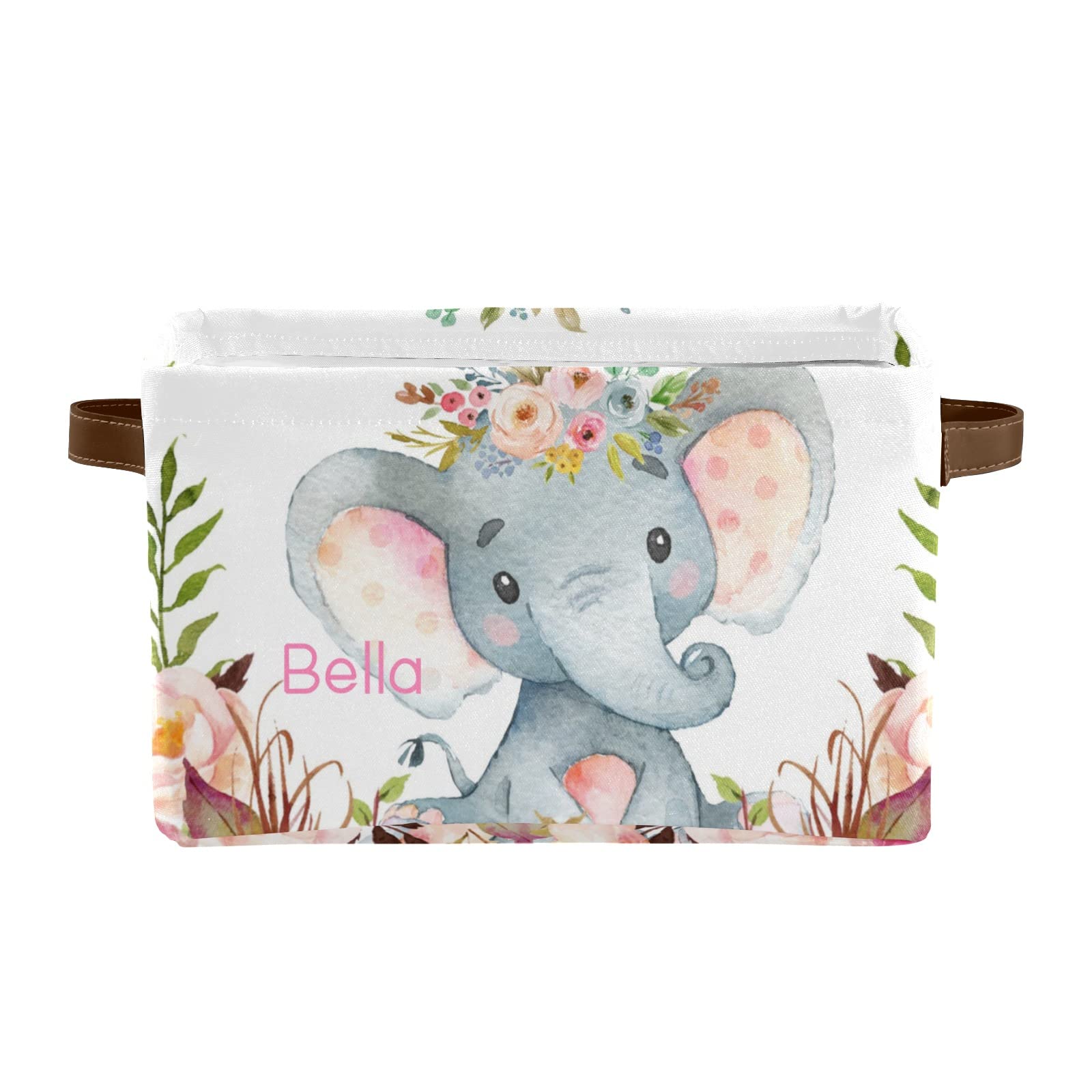 Personalized Pink Floral Elephant Canvas Storage Bins with Leather Handles - 2 Pack for Nursery, Closet, Bathroom & Office Organization - Perfect for Baby Clothes, Toys & Home Decor Storage