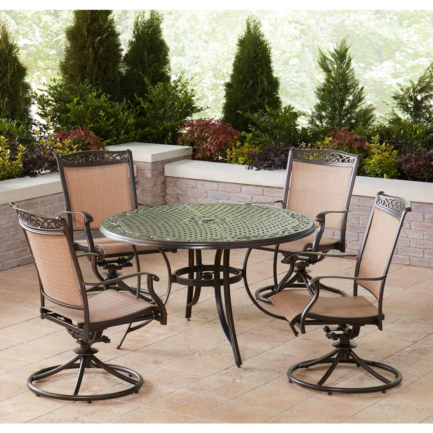 Hanover Fontana 5-Piece Outdoor Patio Dining Set with PVC Tan Sling Swivel Rocker Chairs & 48